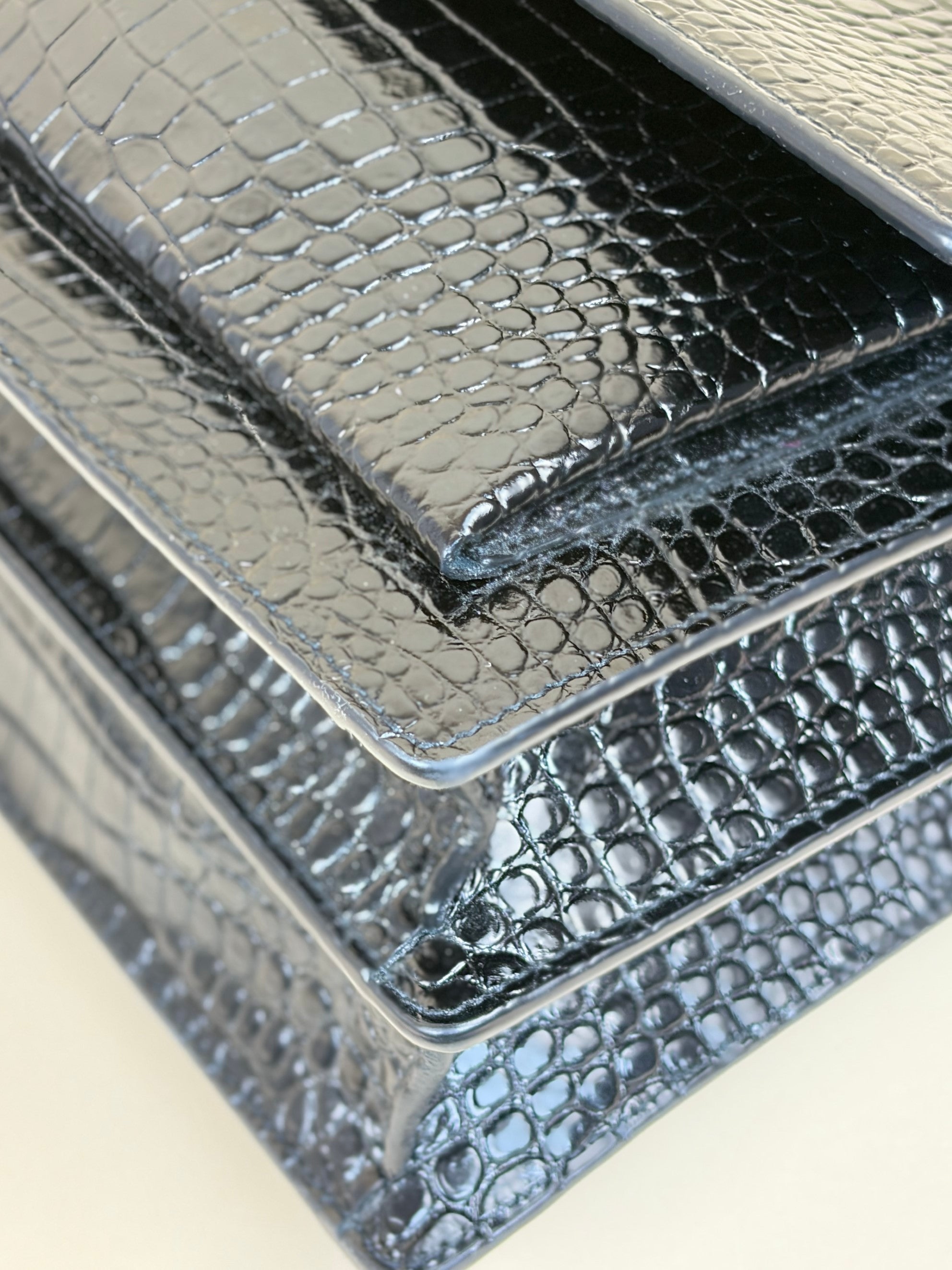 YSL Black Crocodile Embossed Sunset Large Shoulder Bag