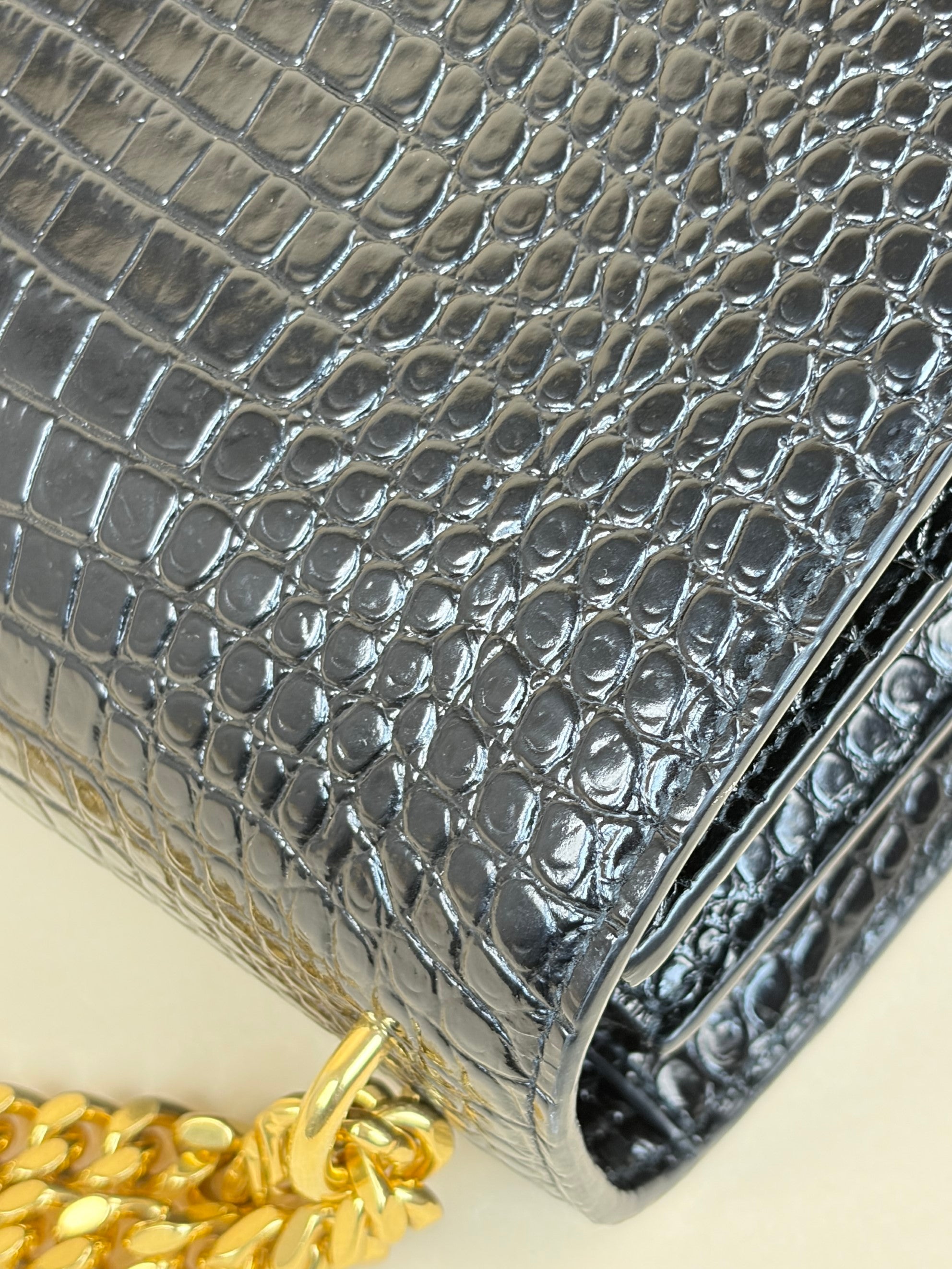 YSL Black Crocodile Embossed Sunset Large Shoulder Bag