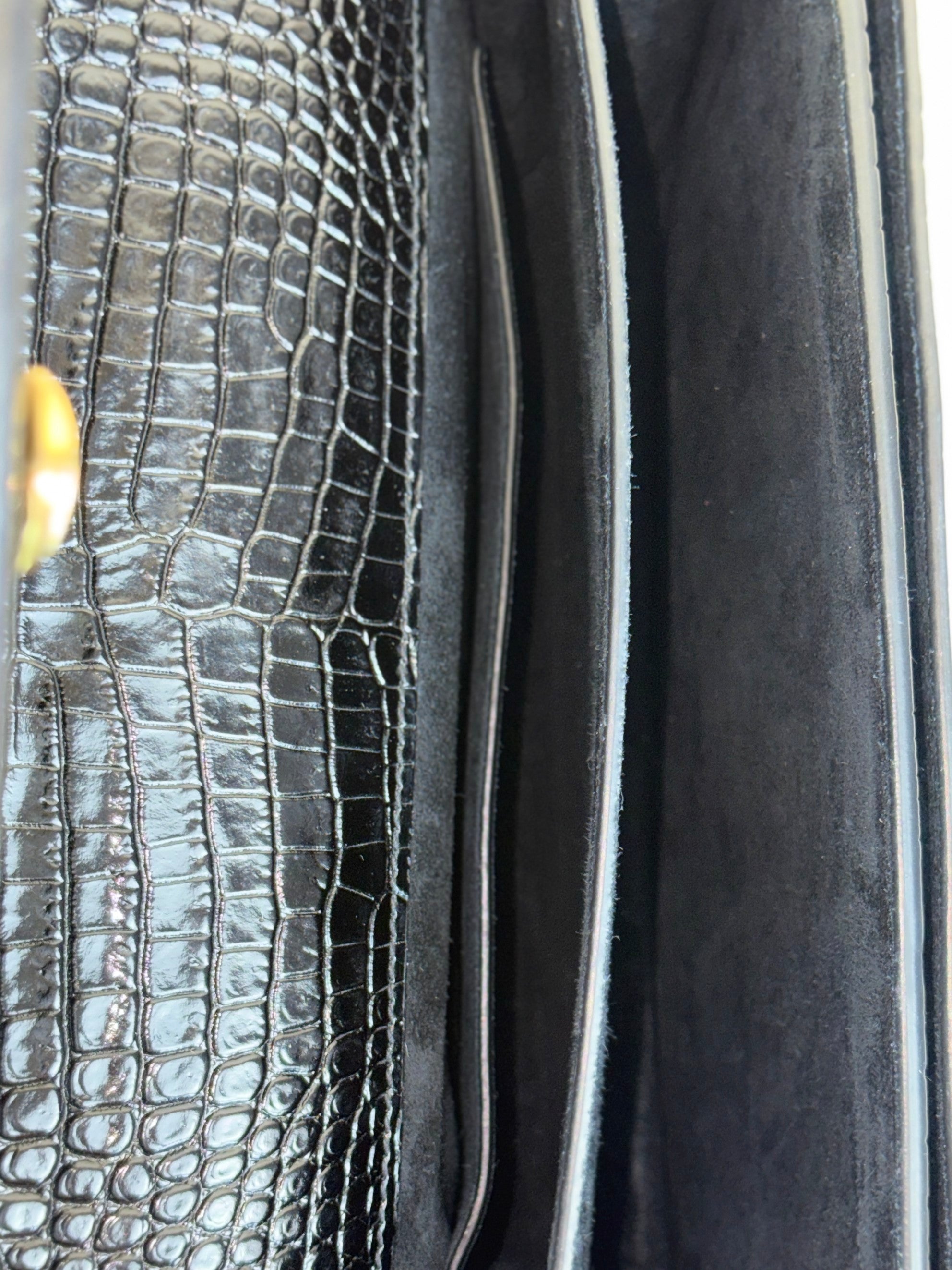 YSL Black Crocodile Embossed Sunset Large Shoulder Bag