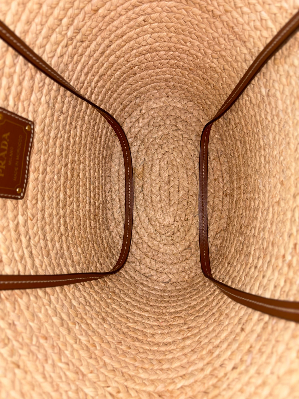 Prada beige/cognac raffia and leather large shopping bag