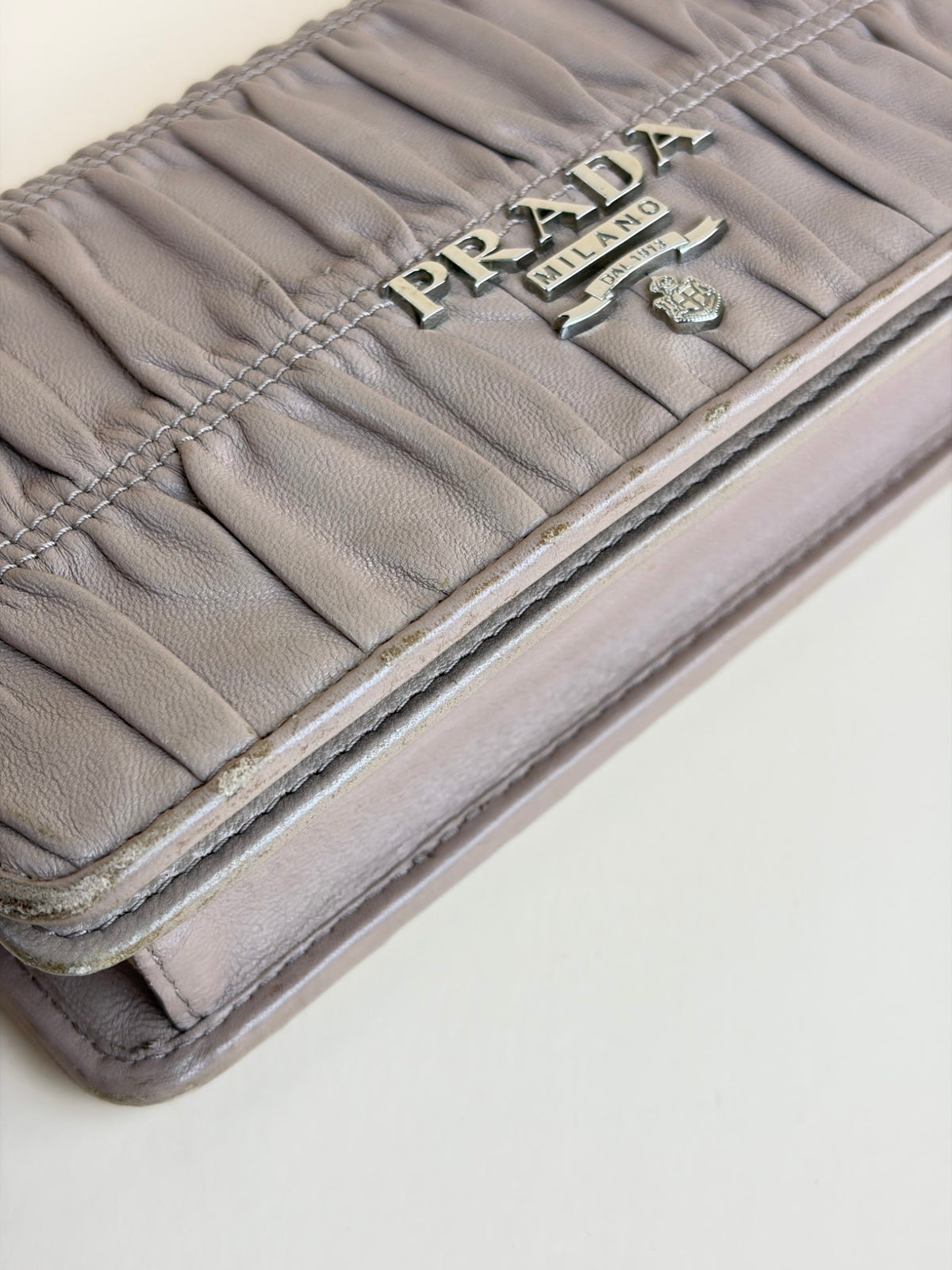 Prada nude nappa leather gaufre wallet on chain