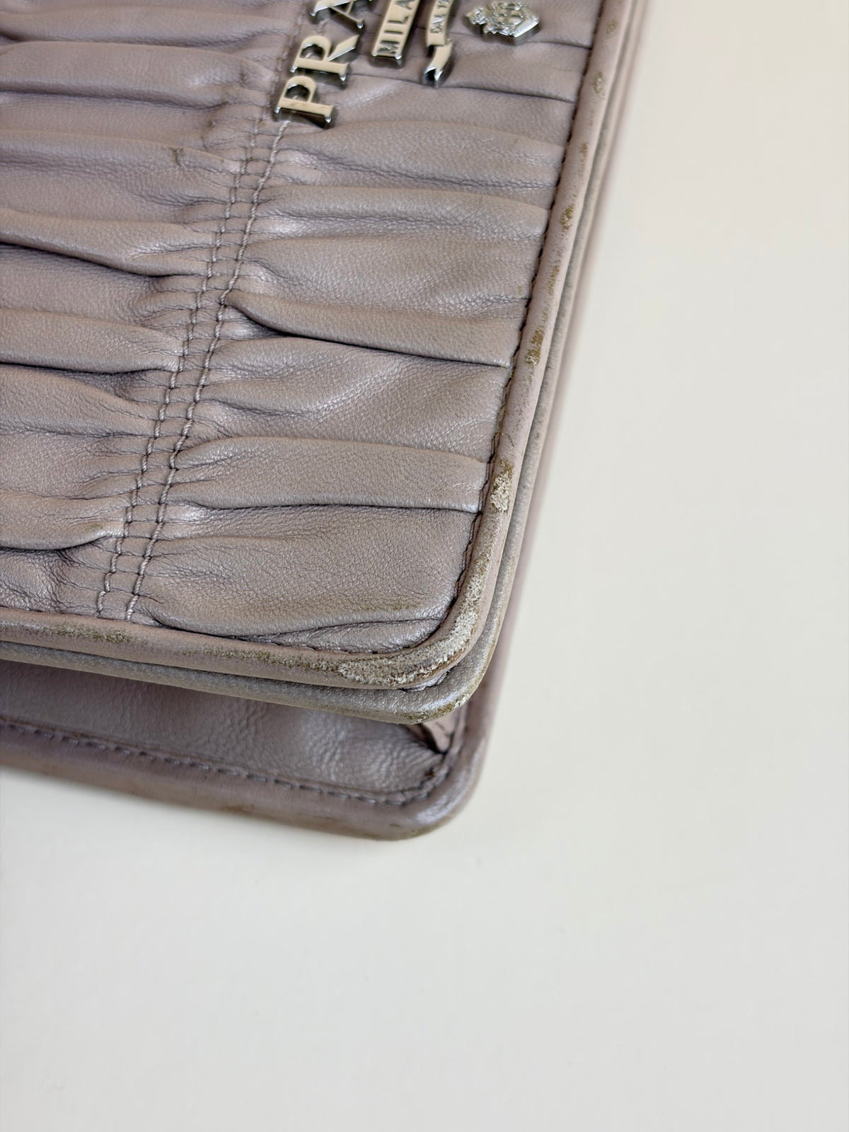 Prada nude nappa leather gaufre wallet on chain