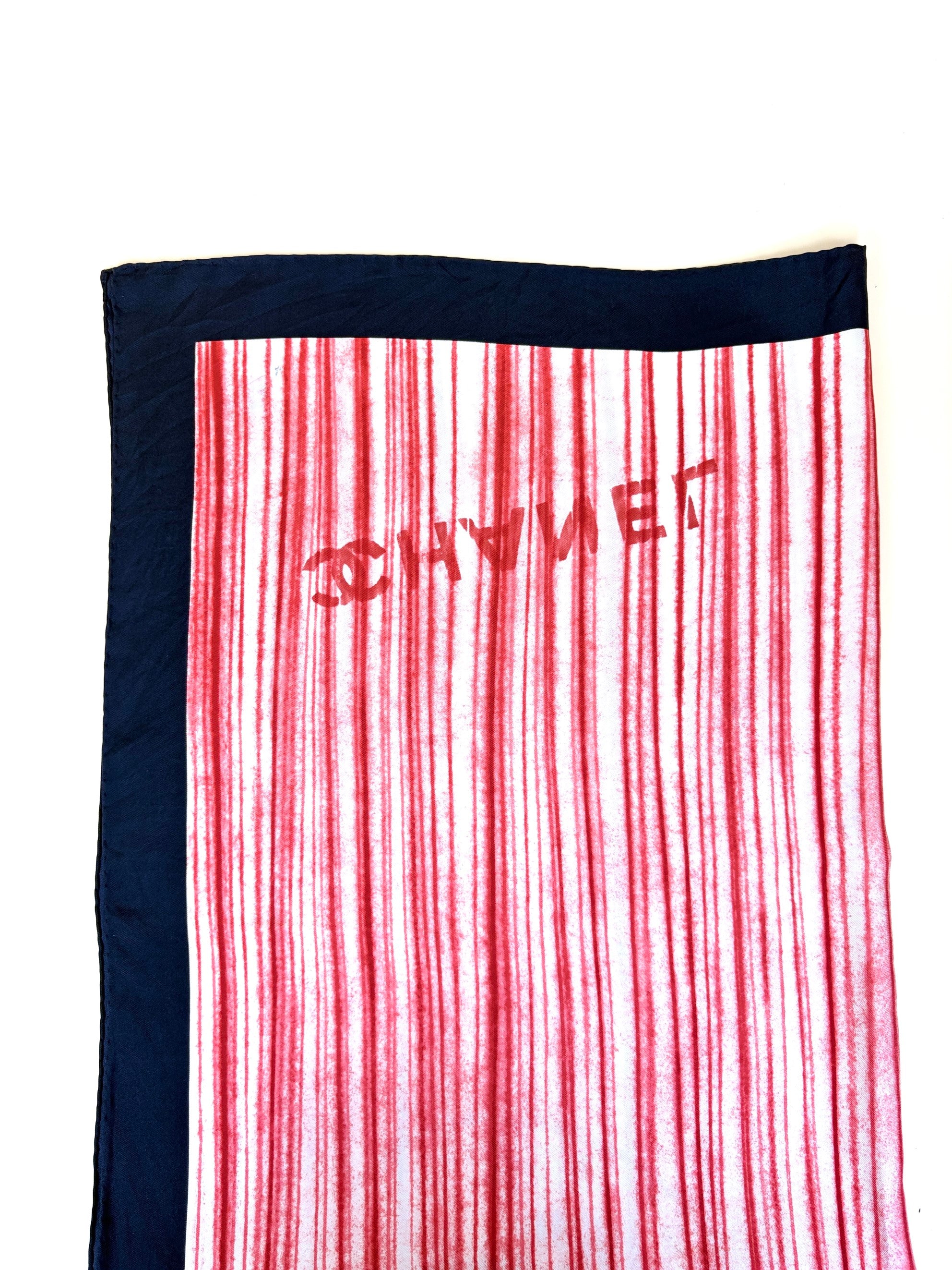 Chanel Red CC Logo Striped Vintage Silk Square Scarf