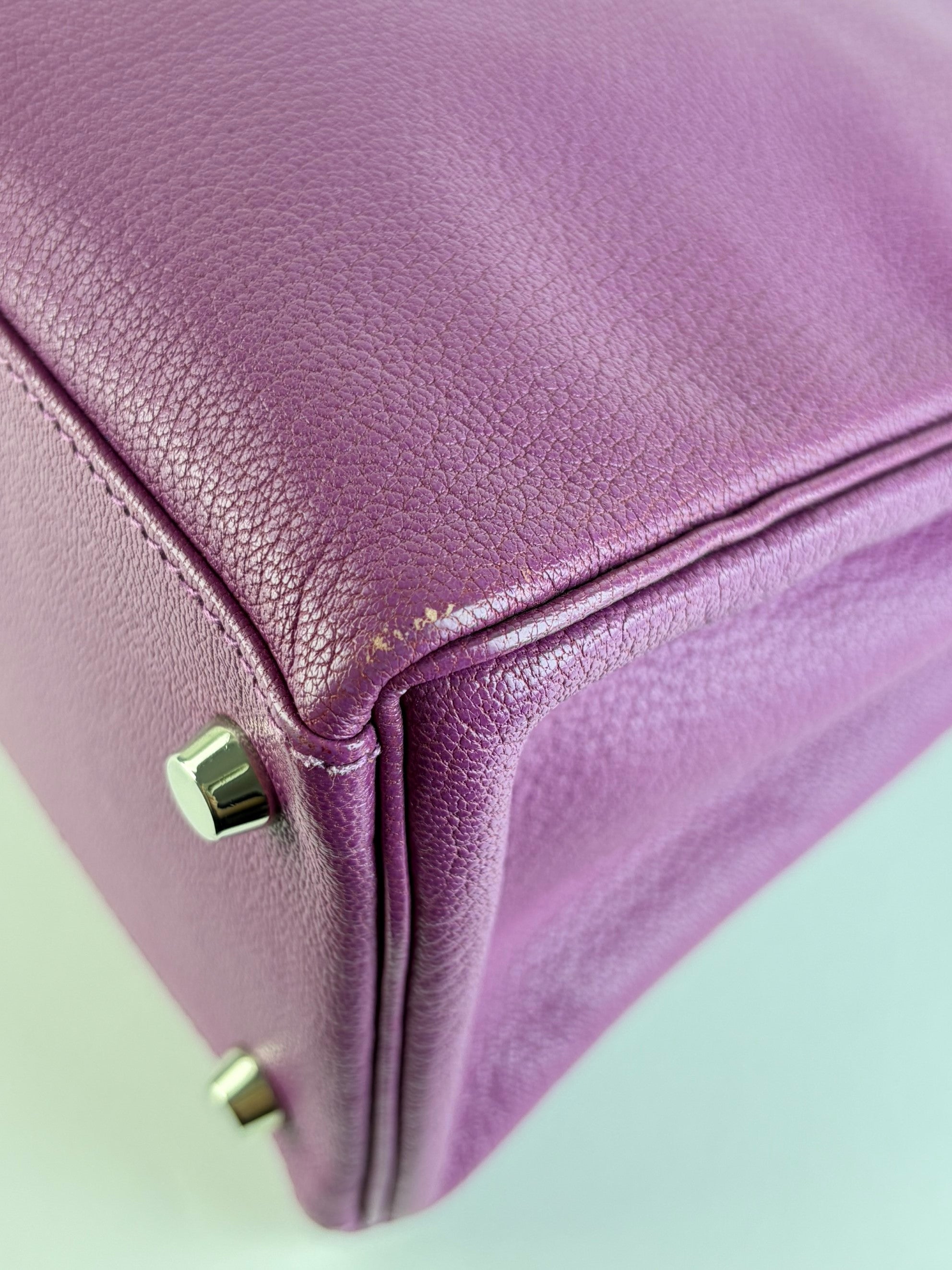 Hermes Kelly Returnee 28 cyclamen chive Mysore leather