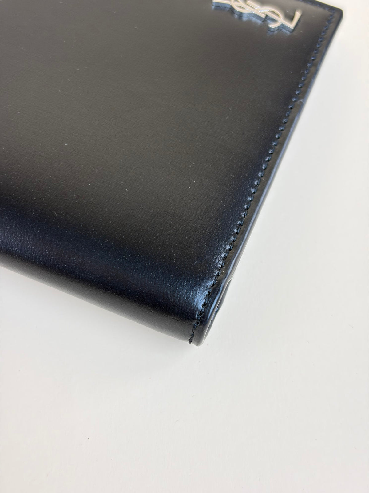 YSL black shiny leather tiny Cassandre east west wallet