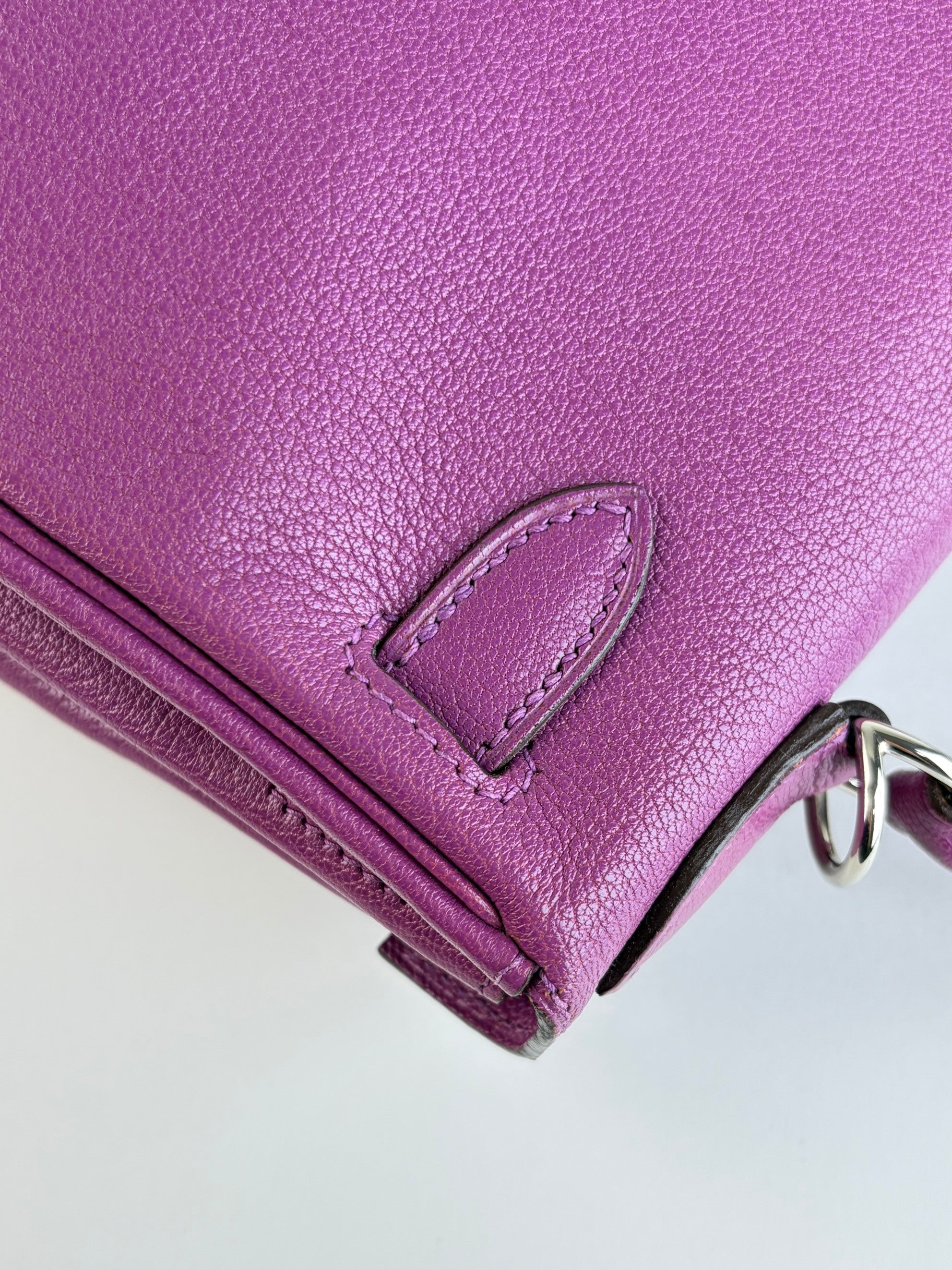 Hermes Kelly Returnee 28 cyclamen chive Mysore leather