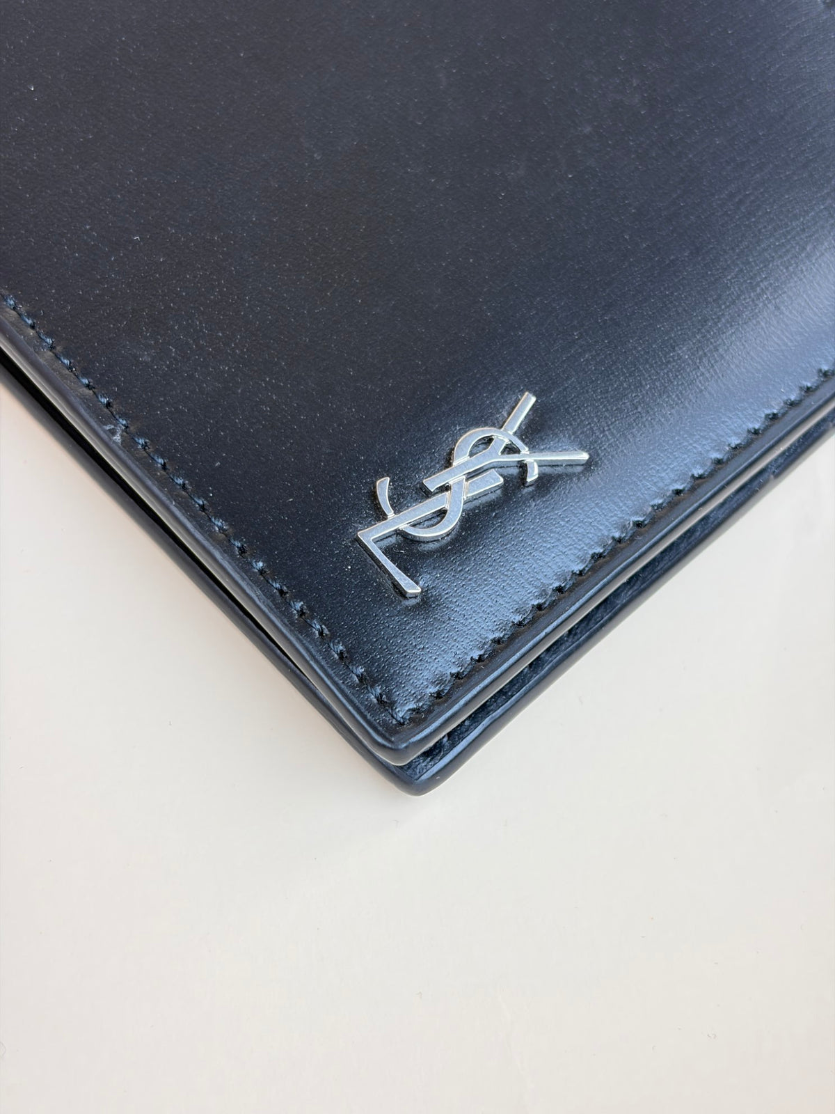 YSL black shiny leather tiny Cassandre east west wallet