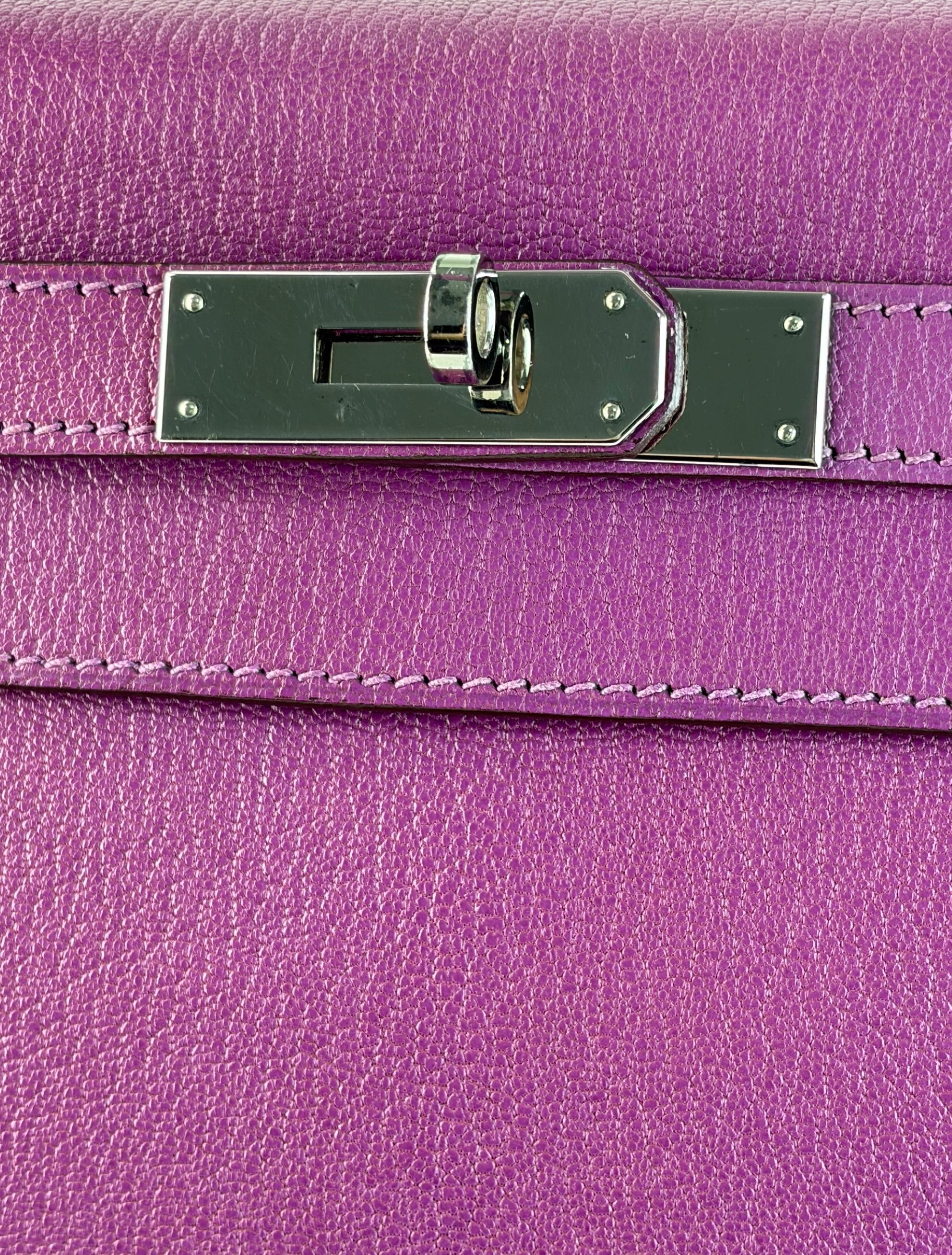 Hermes Kelly Returnee 28 cyclamen chive Mysore leather