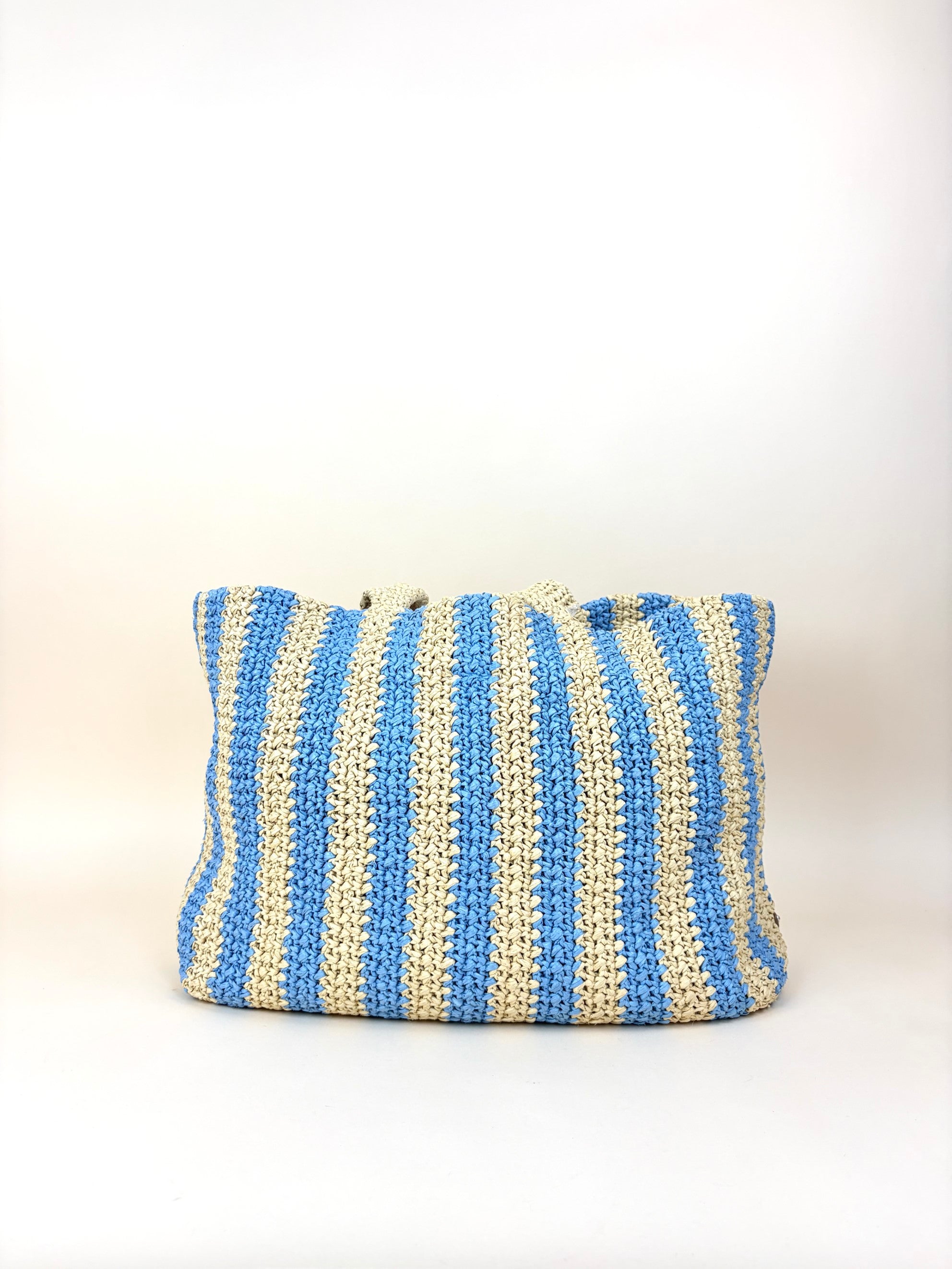 Prada natural celeste blue yarn raffia crocet stripped large logo tote bag