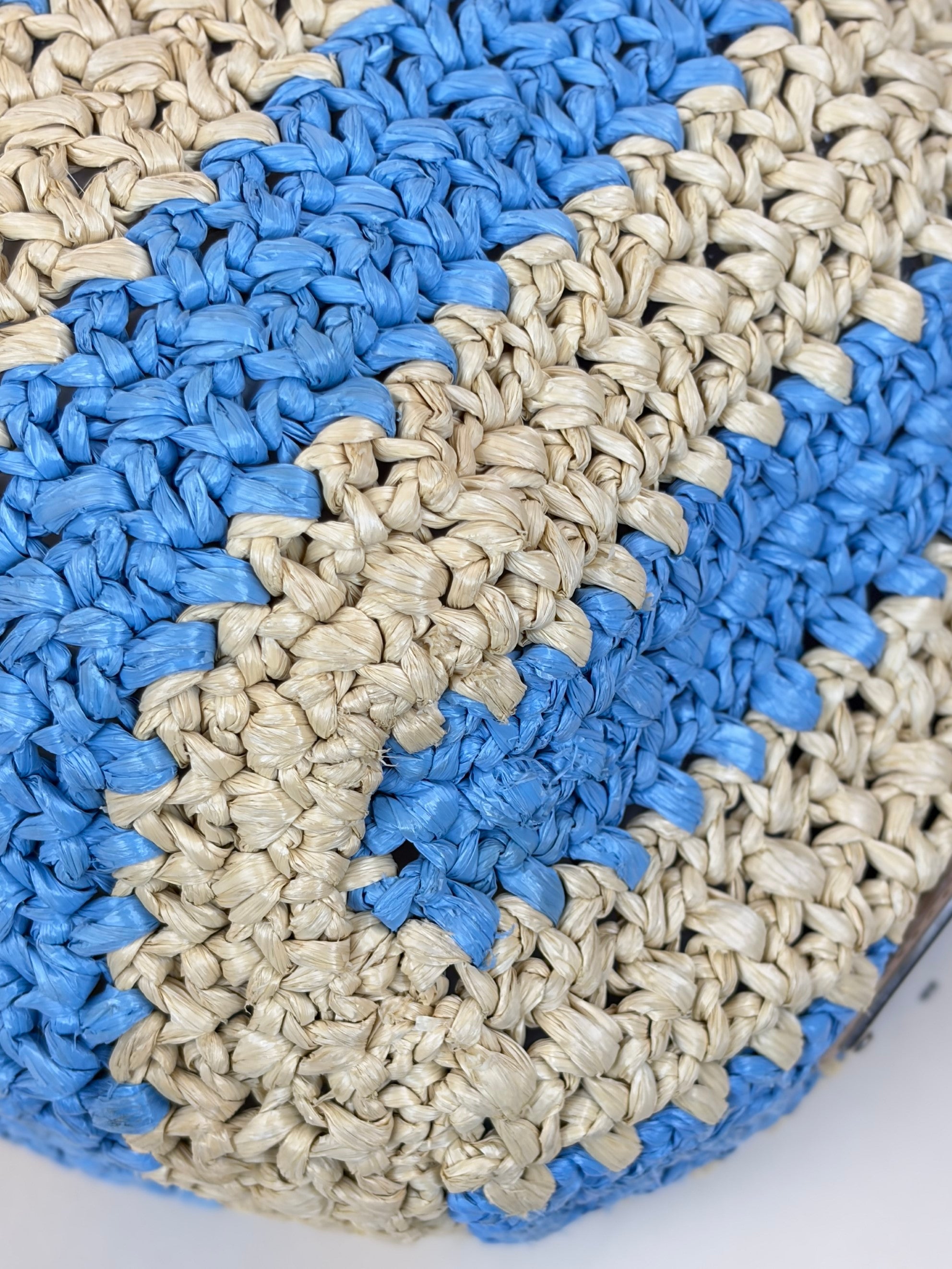 Prada natural celeste blue yarn raffia crocet stripped large logo tote bag