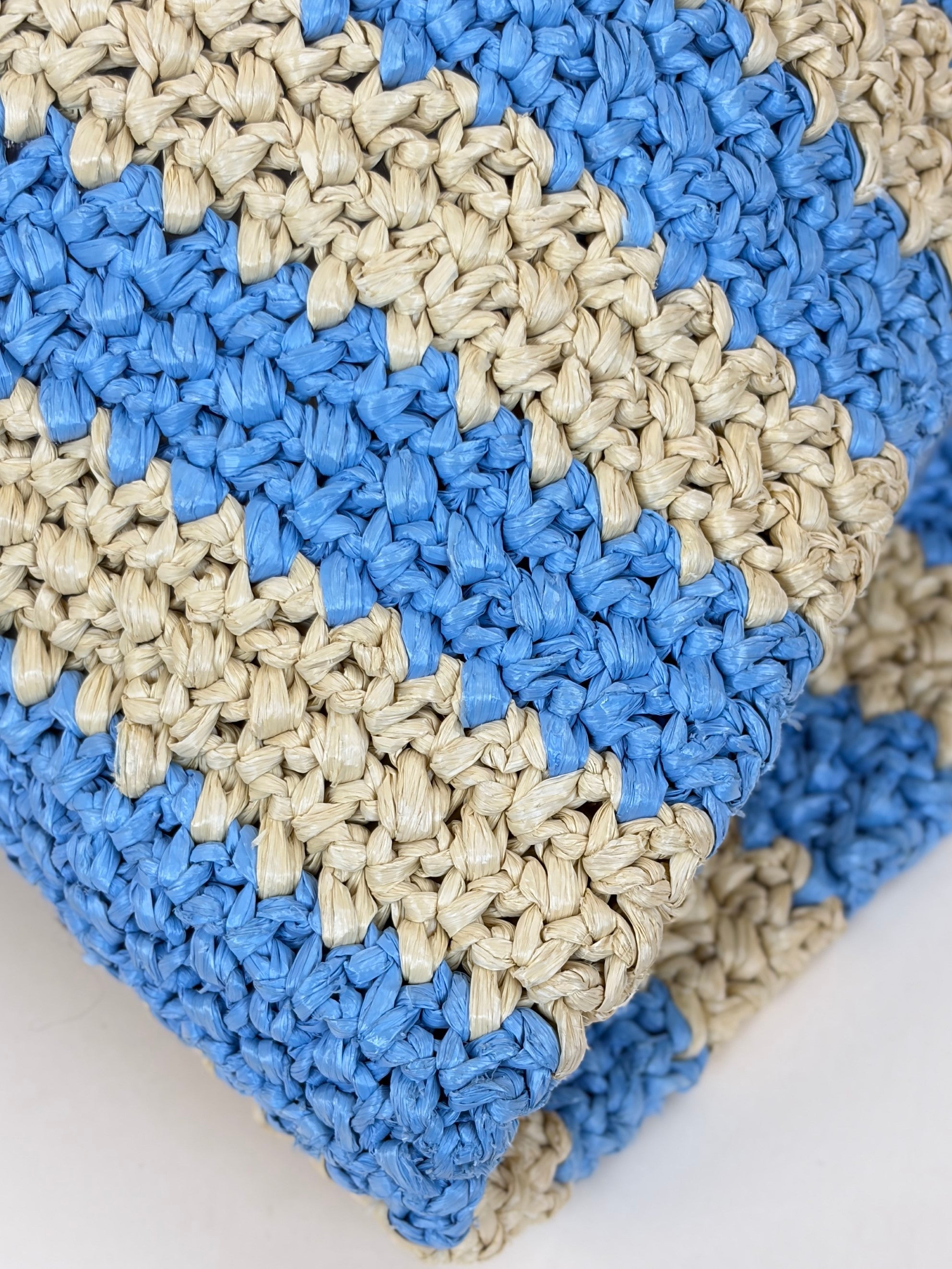 Prada natural celeste blue yarn raffia crocet stripped large logo tote bag