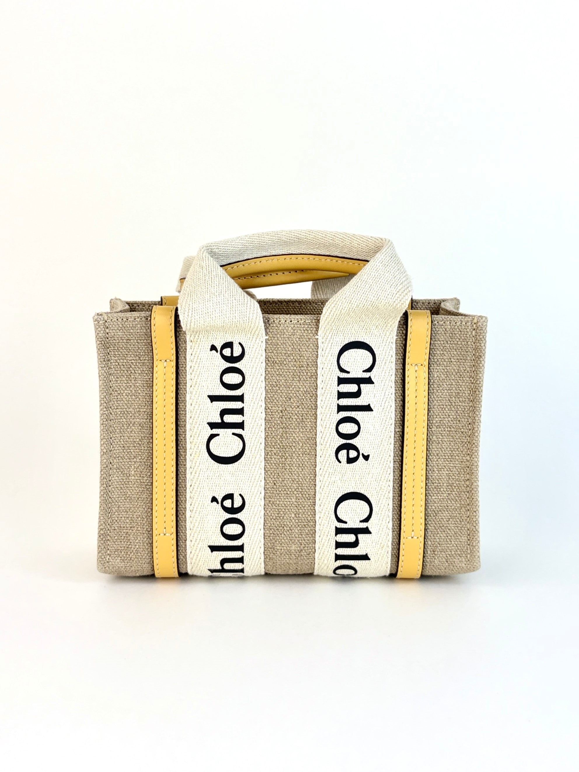 Chloe beige canvas/yellow leather mini Woody Tote Bag