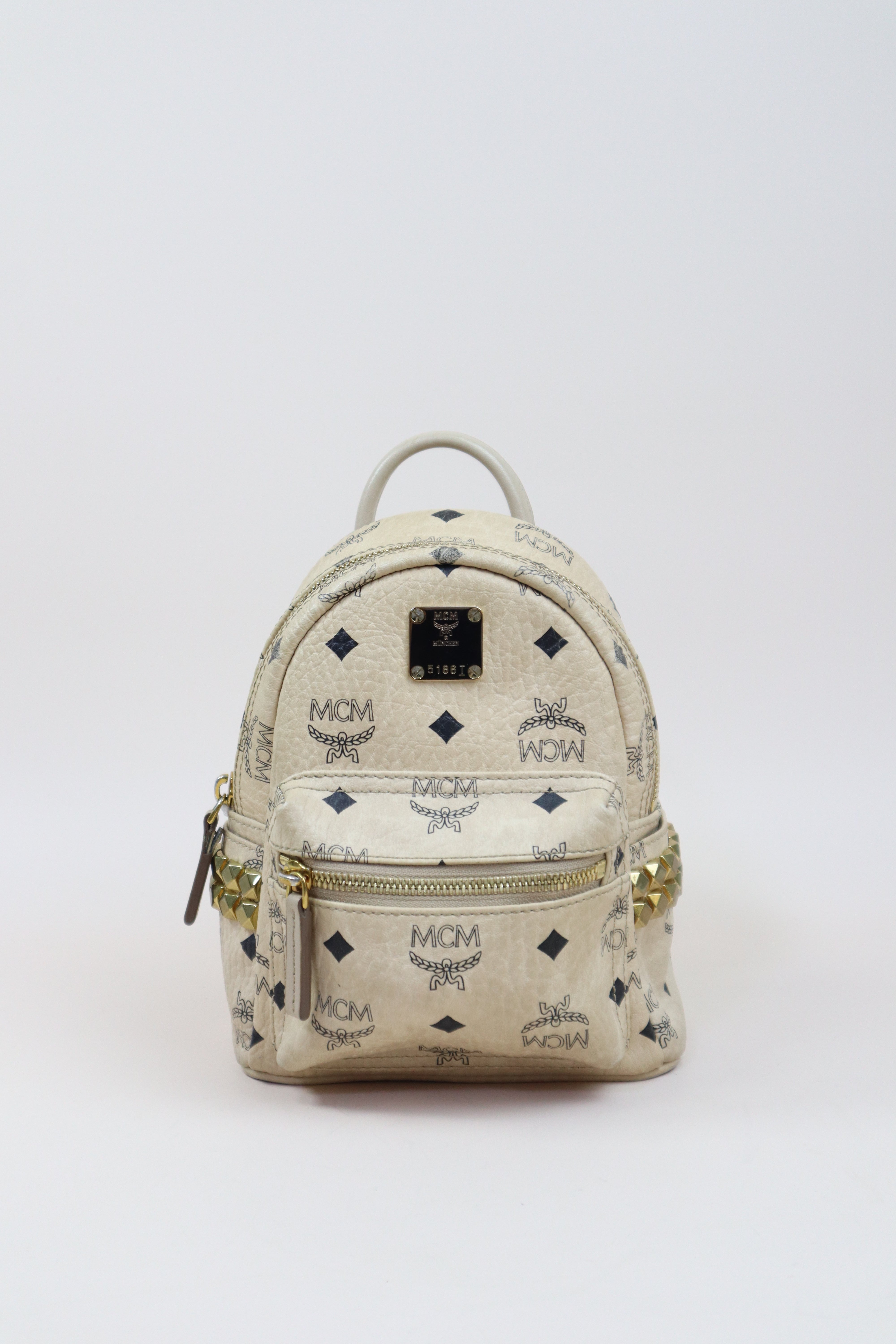 MCM Beige X-Mini Bebe Side Studded Boo Visetos Mini Backpack Bag