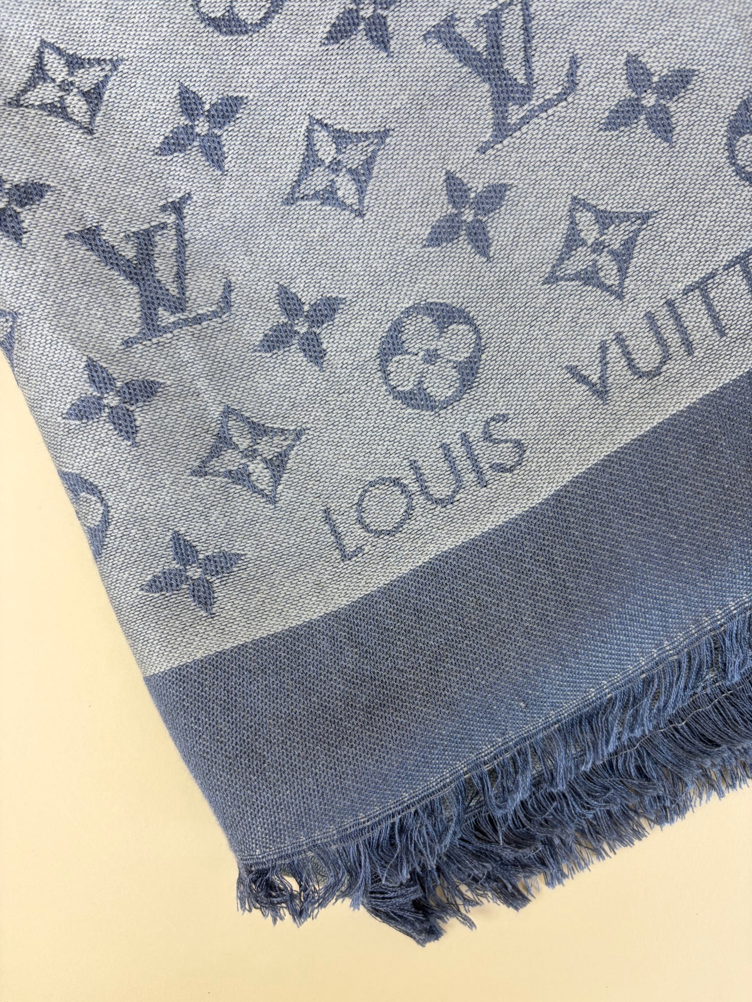 Louis Vuitton Blue Clair Monogram Denim Wool Silk Shawl