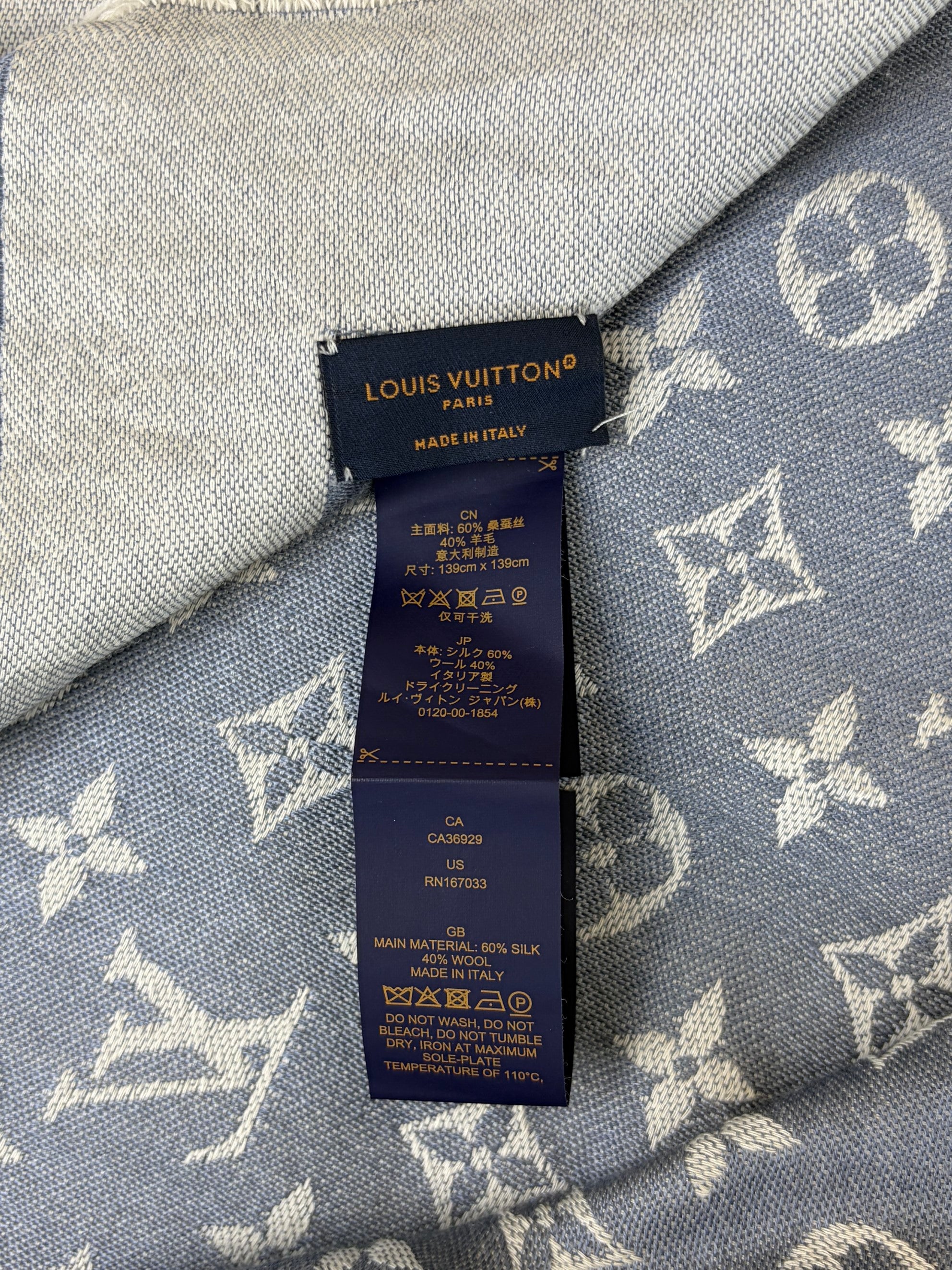 Louis Vuitton Blue Clair Monogram Denim Wool Silk Shawl