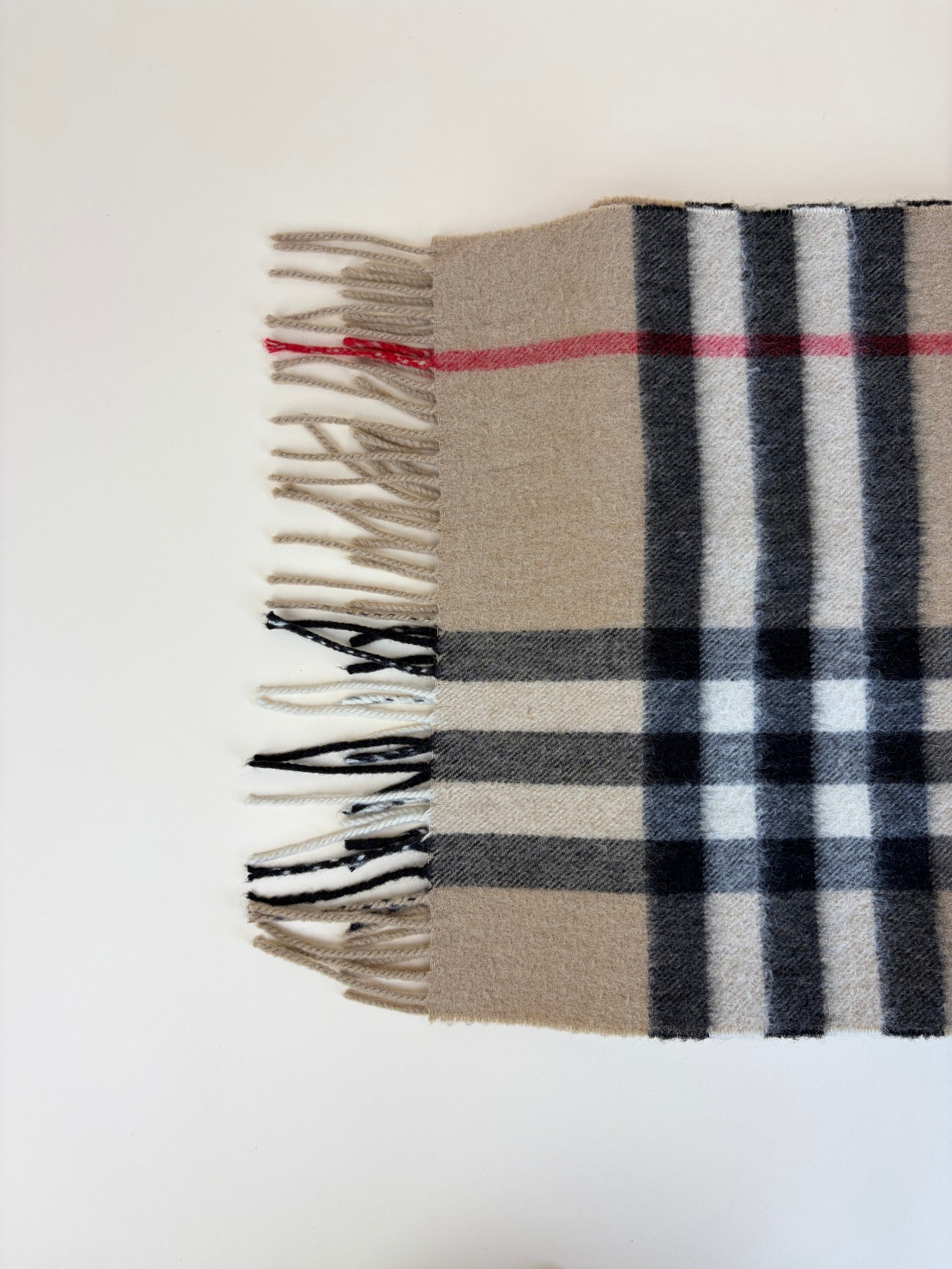 Burberry Beige Cashmere Vintage Check Fringe Scarf