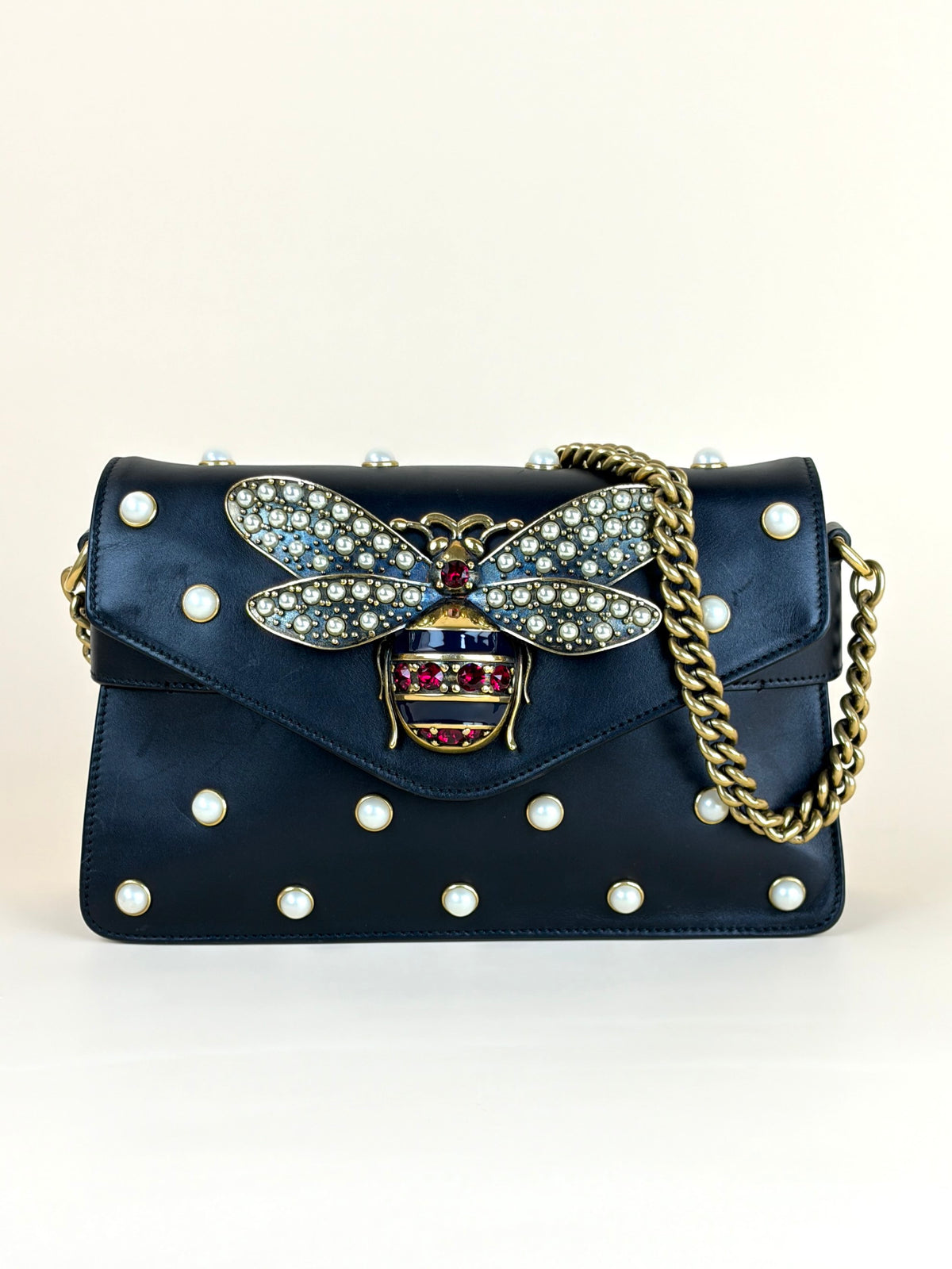 Gucci black leather pearl studded mini Broadway bee shoulder bag