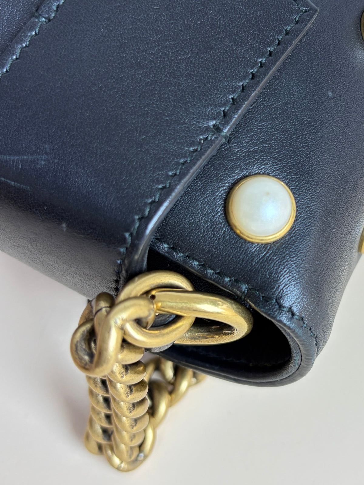 Gucci black leather pearl studded mini Broadway bee shoulder bag