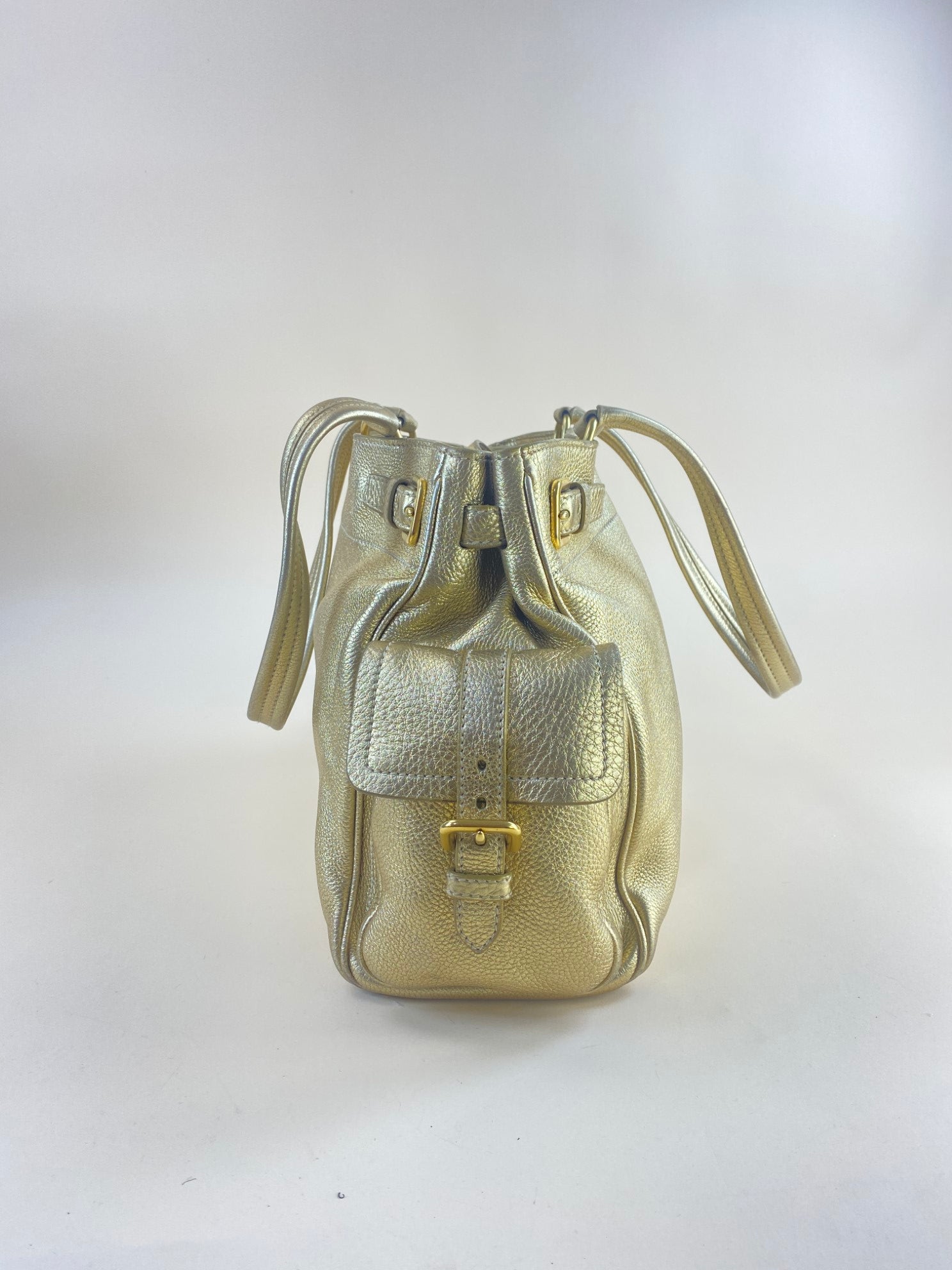 Prada Metallic Gold Vitello Daino Side Pocket Shoulder Bag