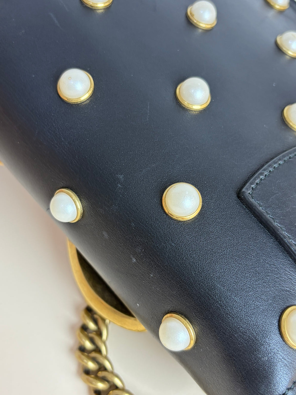 Gucci black leather pearl studded mini Broadway bee shoulder bag