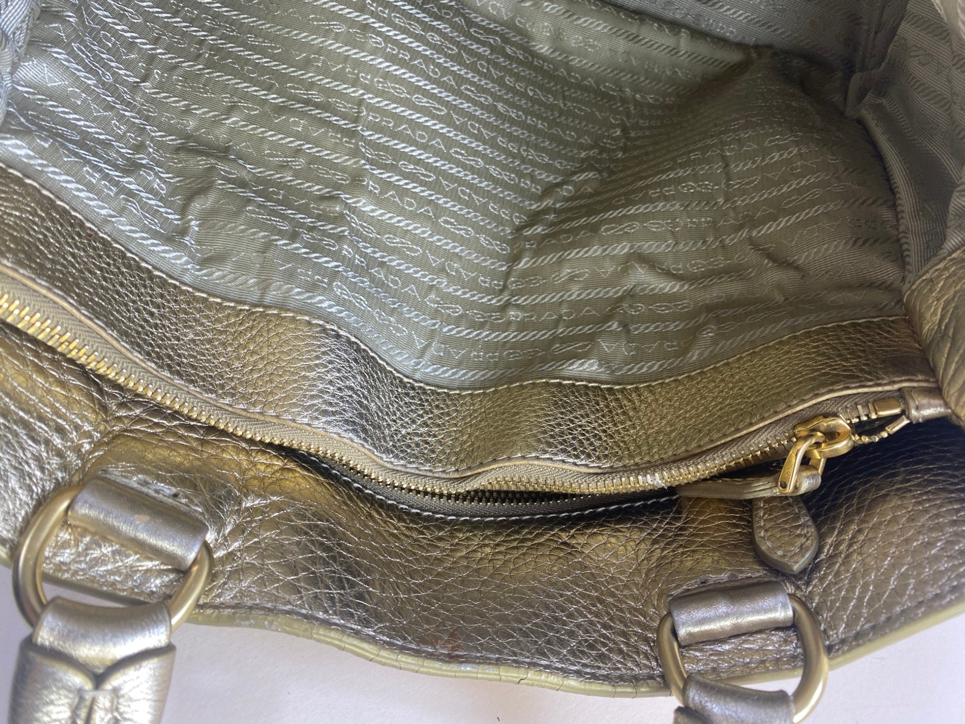 Prada Metallic Gold Vitello Daino Side Pocket Shoulder Bag