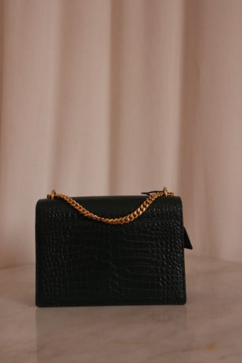 YSL Green Embossed Croco Sunset Medium Bag