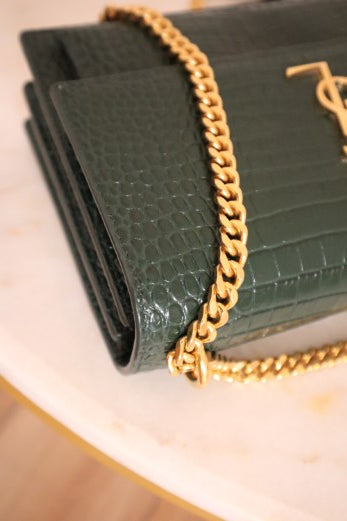 YSL Green Embossed Croco Sunset Medium Bag