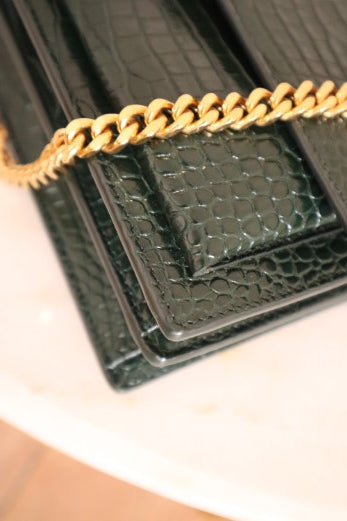 YSL Green Embossed Croco Sunset Medium Bag