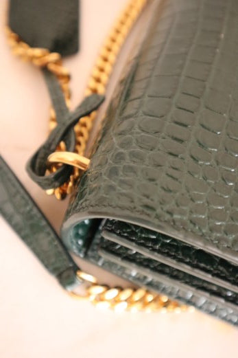 YSL Green Embossed Croco Sunset Medium Bag