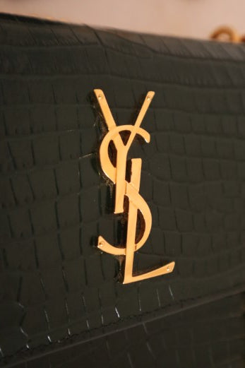 YSL Green Embossed Croco Sunset Medium Bag