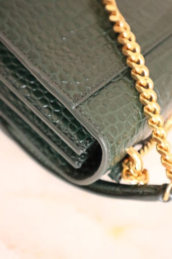 YSL Green Embossed Croco Sunset Medium Bag