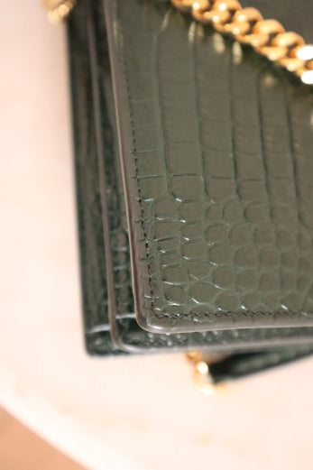 YSL Green Embossed Croco Sunset Medium Bag