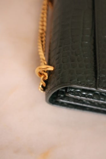 YSL Green Embossed Croco Sunset Medium Bag