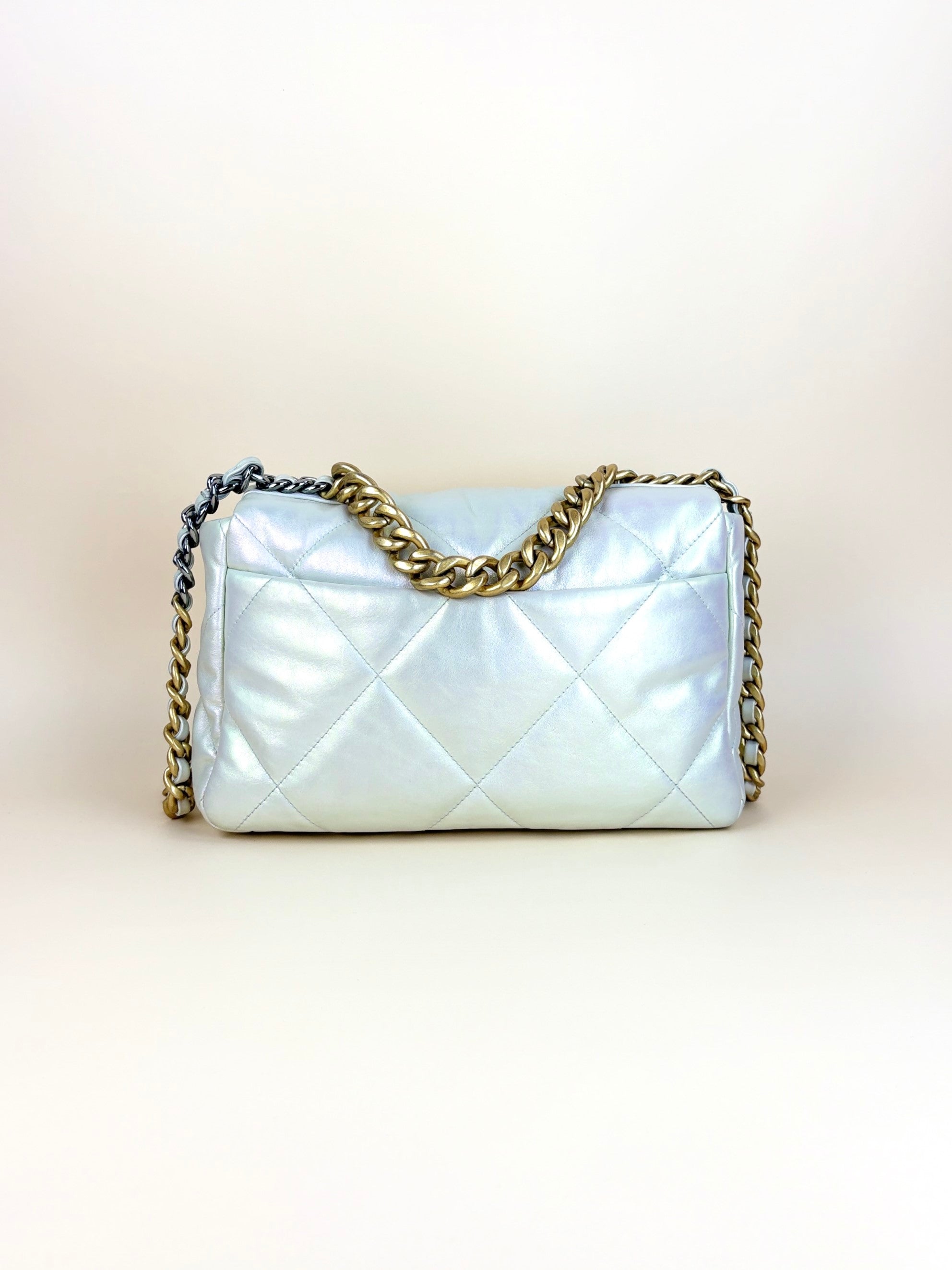 Chanel White Iridescent Quilted Large Chanel 19 Flap Bag