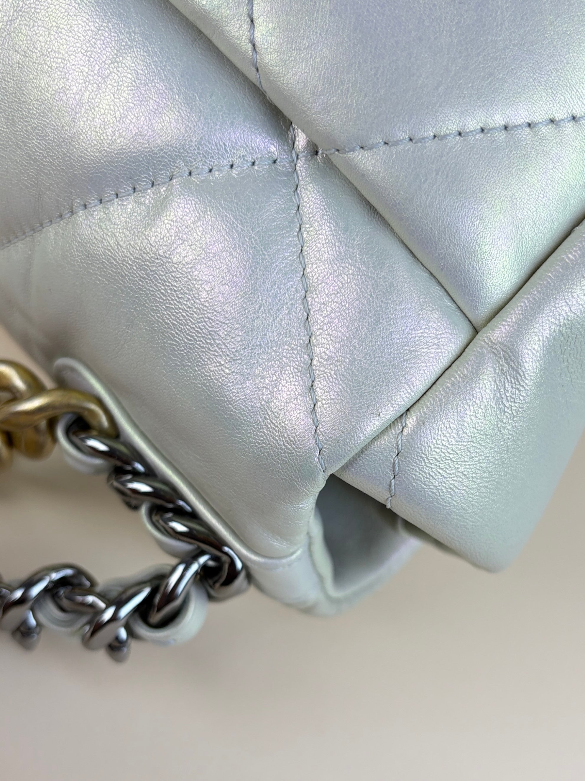 Chanel White Iridescent Quilted Large Chanel 19 Flap Bag