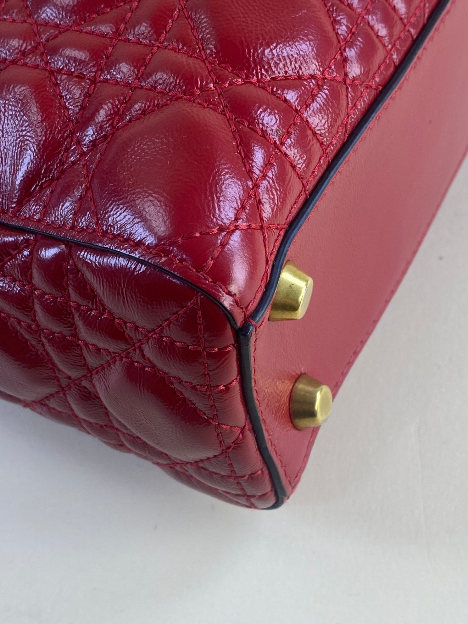 Christian Dior crinkeld patent small lucky red lady Dior with strap