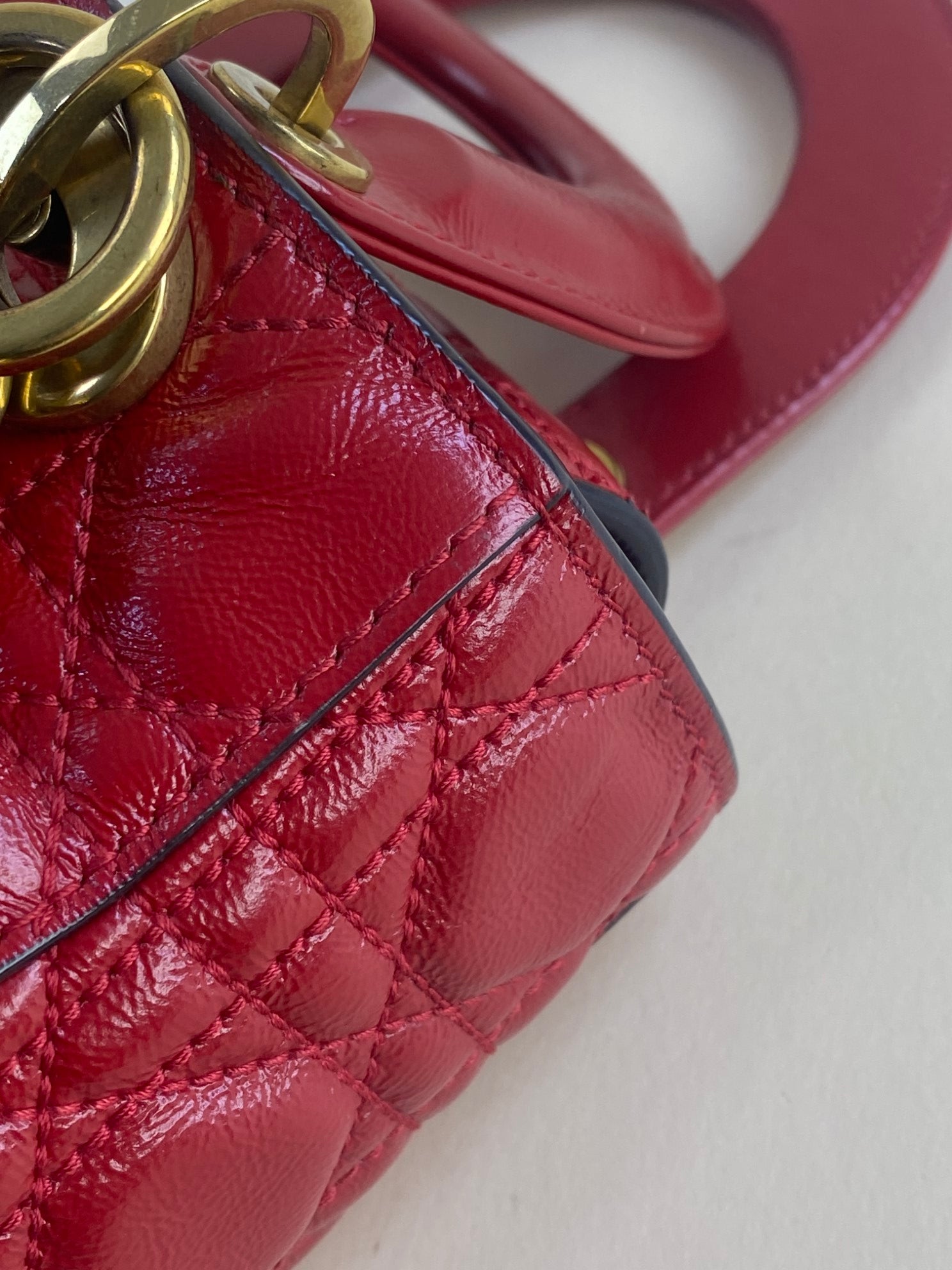 Christian Dior crinkeld patent small lucky red lady Dior with strap