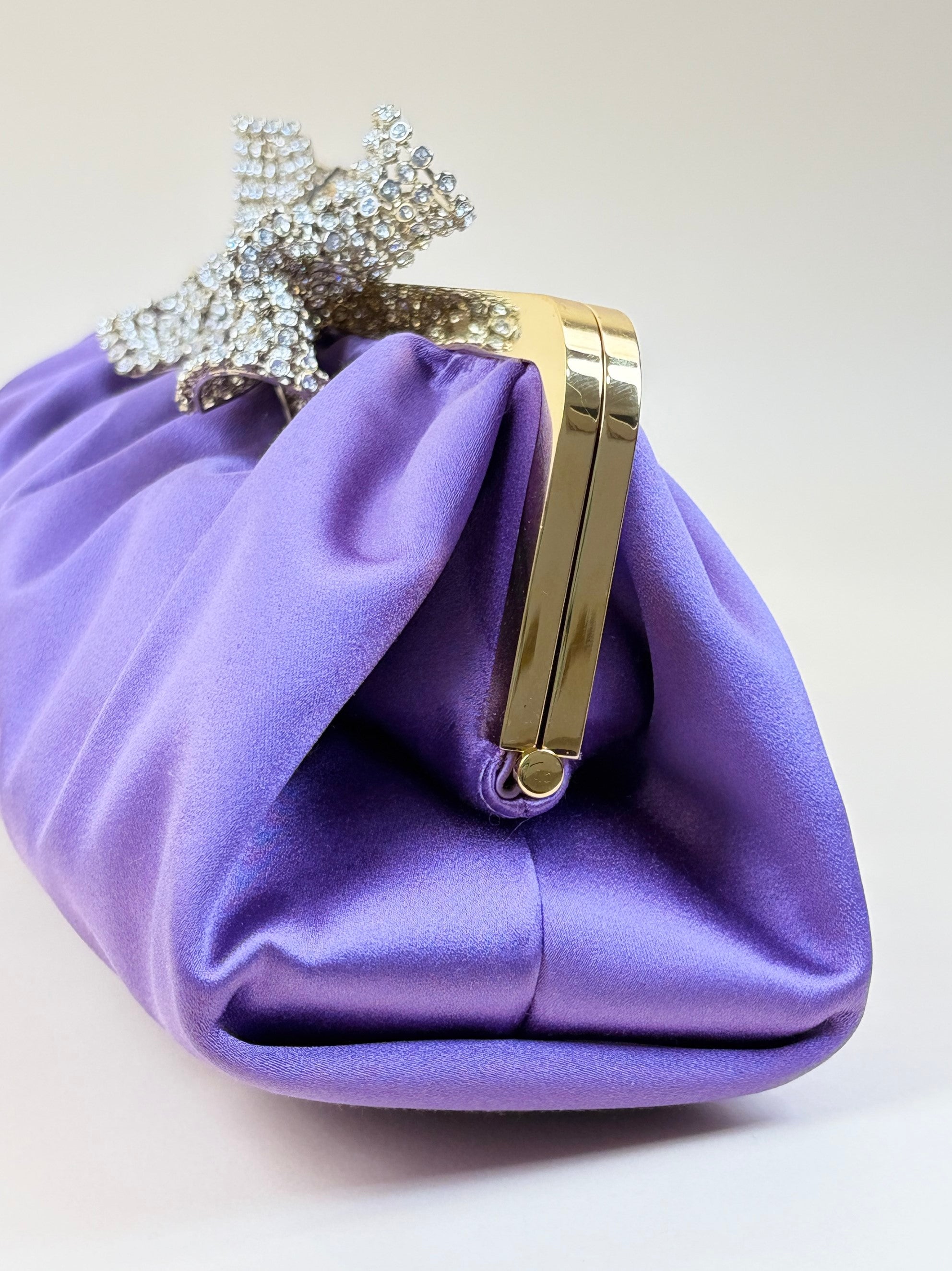 Gucci satin purple crystal embellished bow clutch