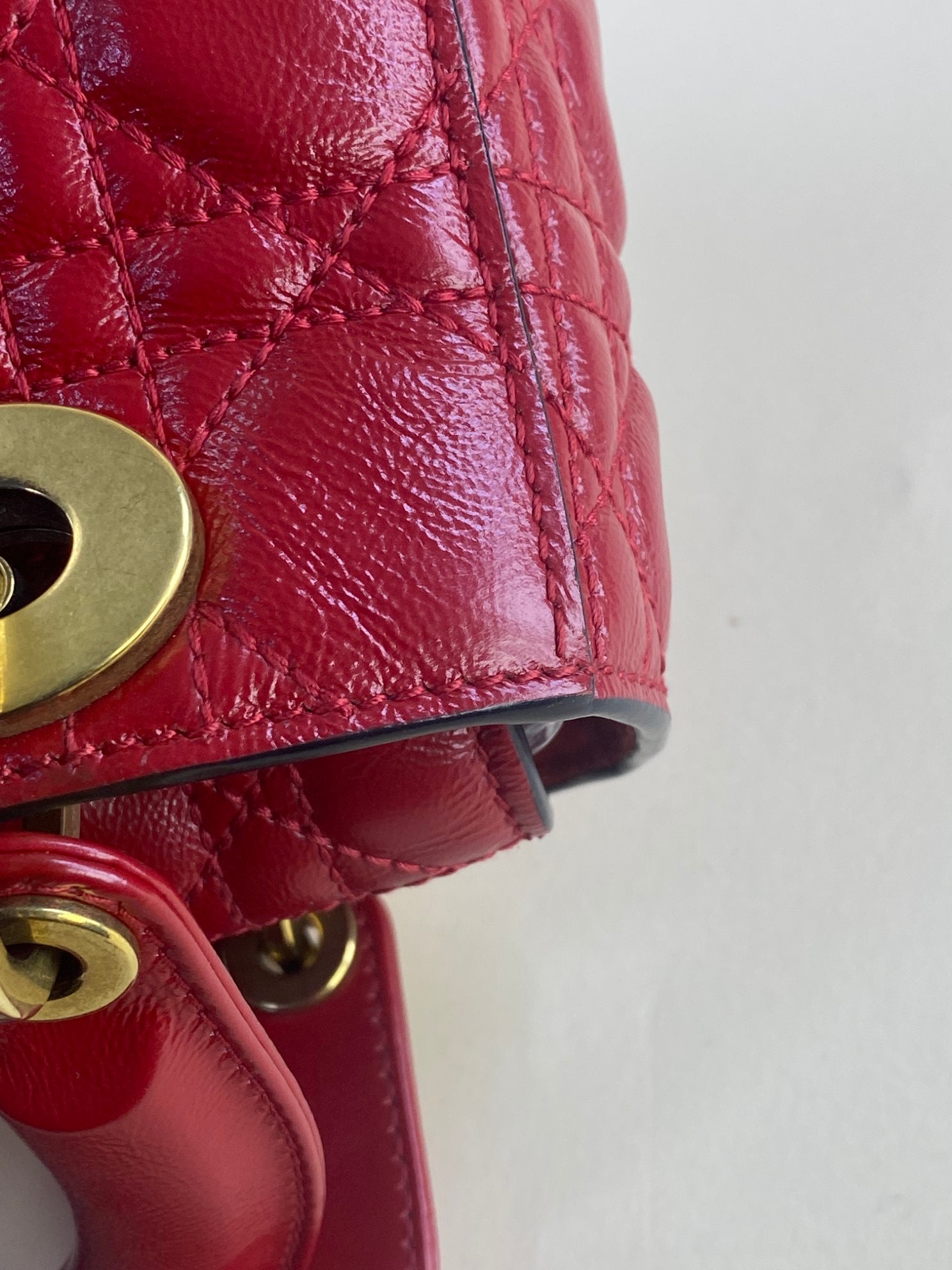 Christian Dior crinkeld patent small lucky red lady Dior with strap