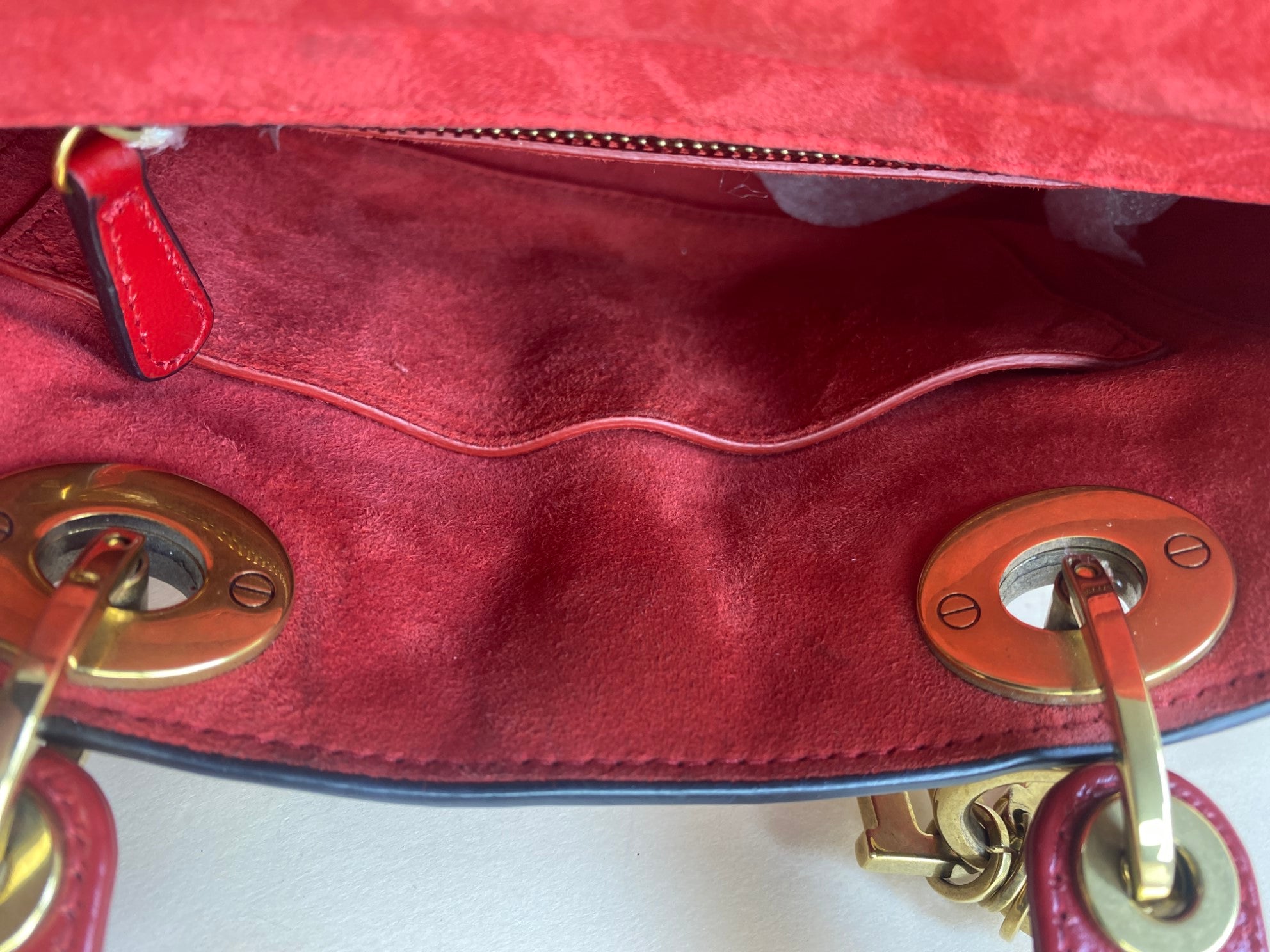 Christian Dior crinkeld patent small lucky red lady Dior with strap