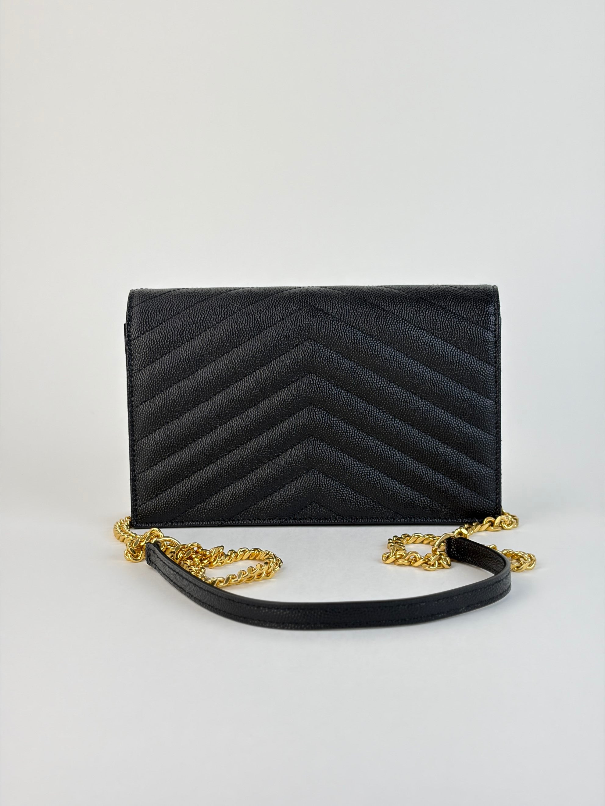 YSL black grain de Poudre leather classic Cassandre chain wallet