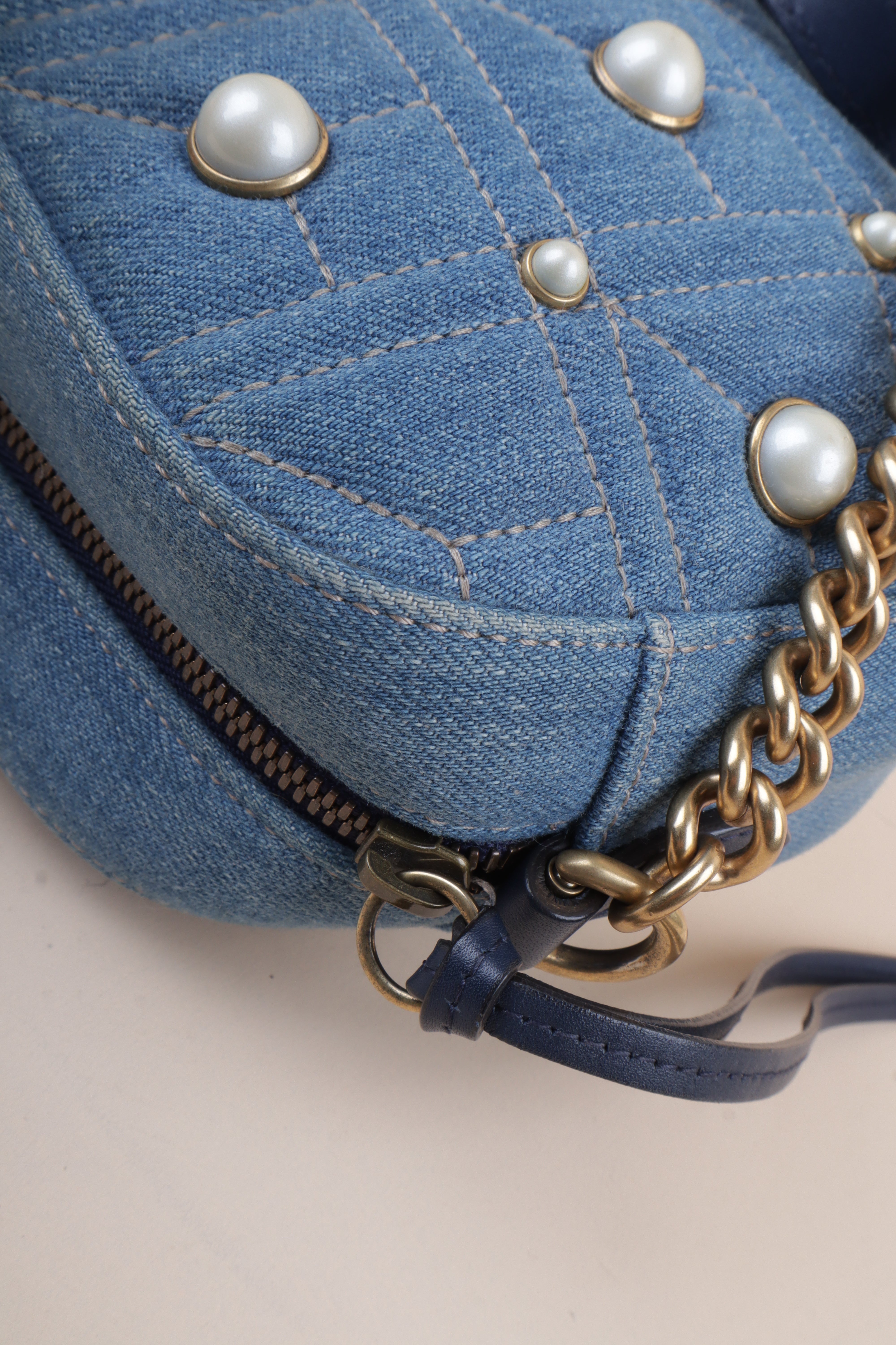 Gucci Blue Denim Marmont Pearl Crossbody Bag