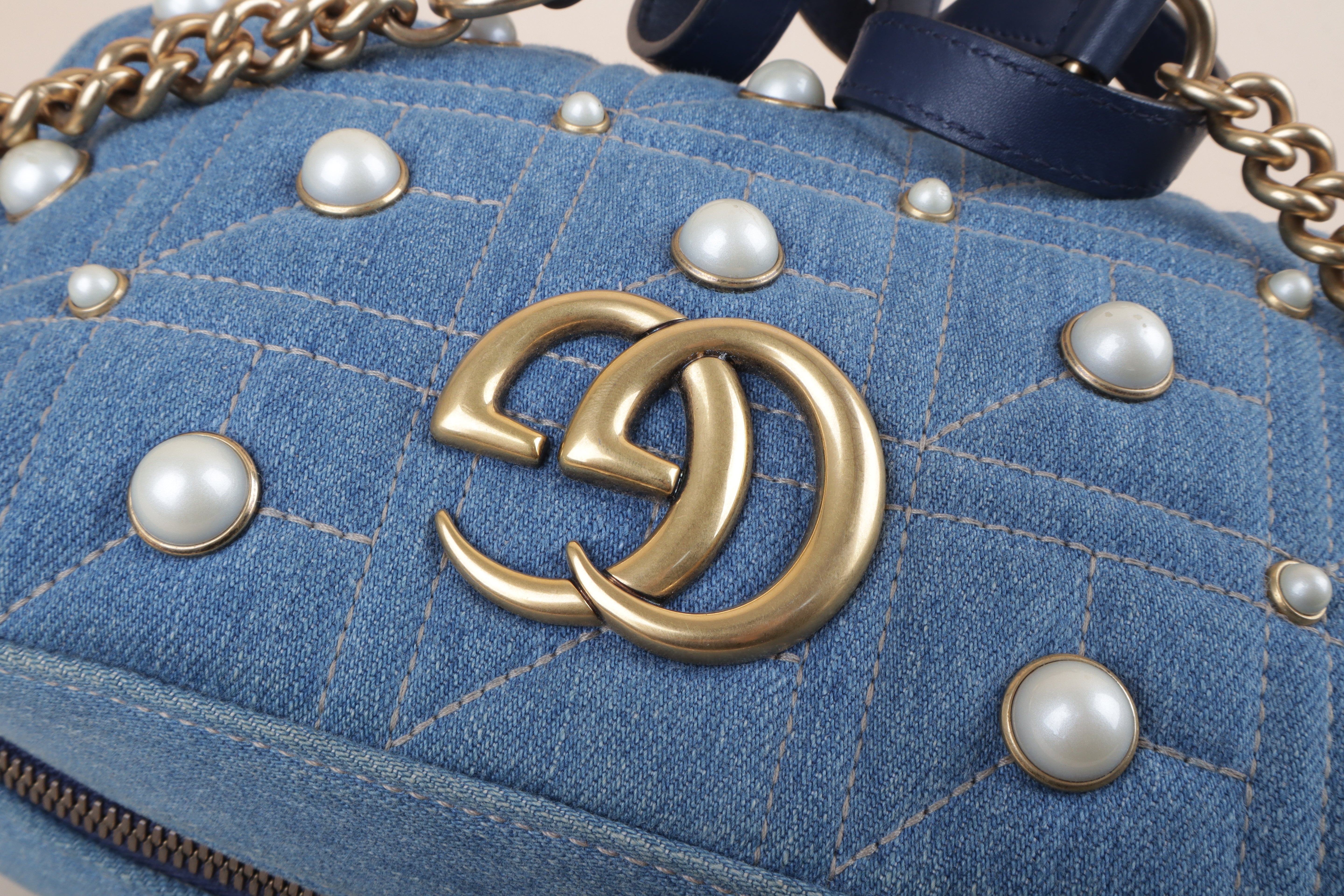 Gucci Blue Denim Marmont Pearl Crossbody Bag