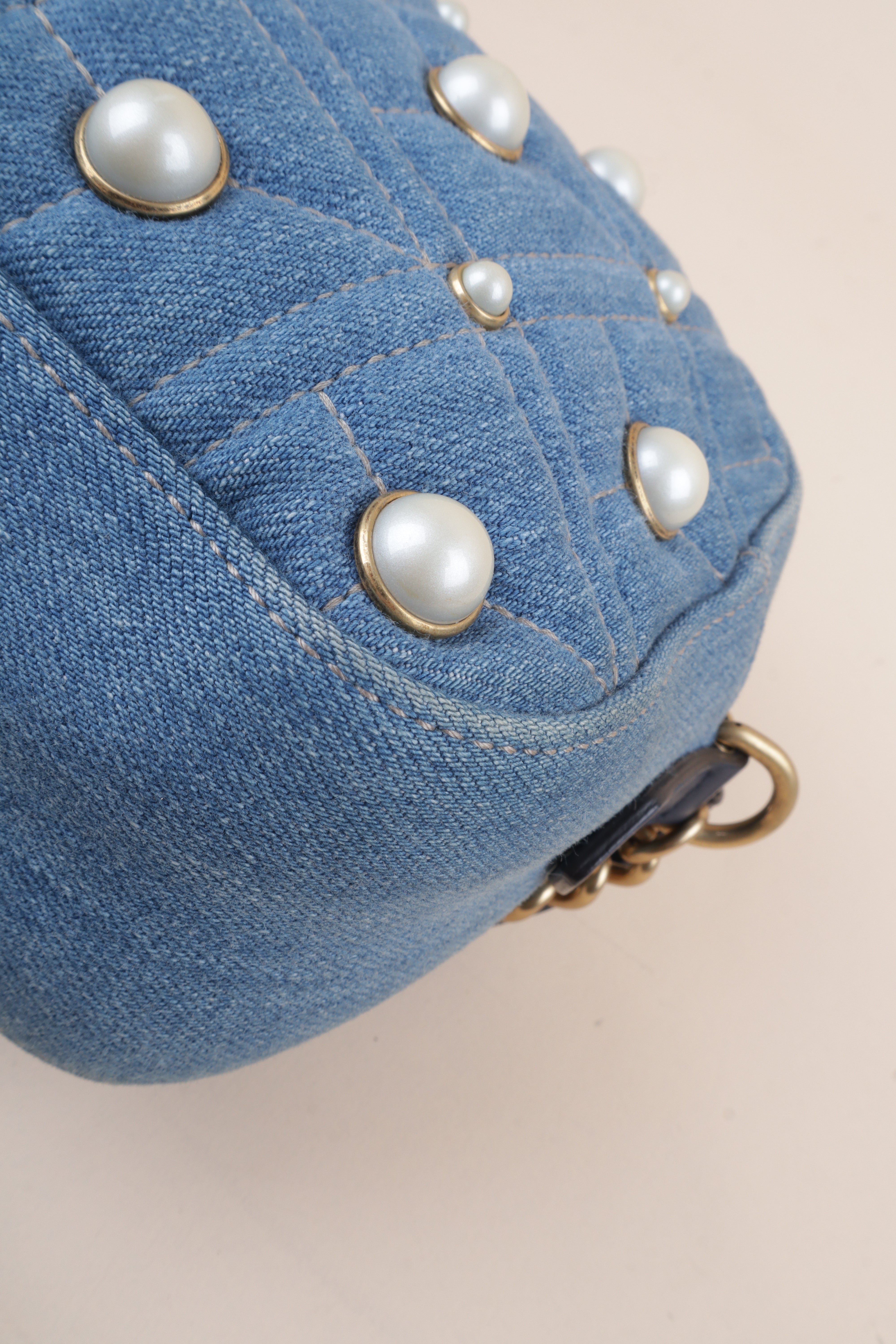 Gucci Blue Denim Marmont Pearl Crossbody Bag