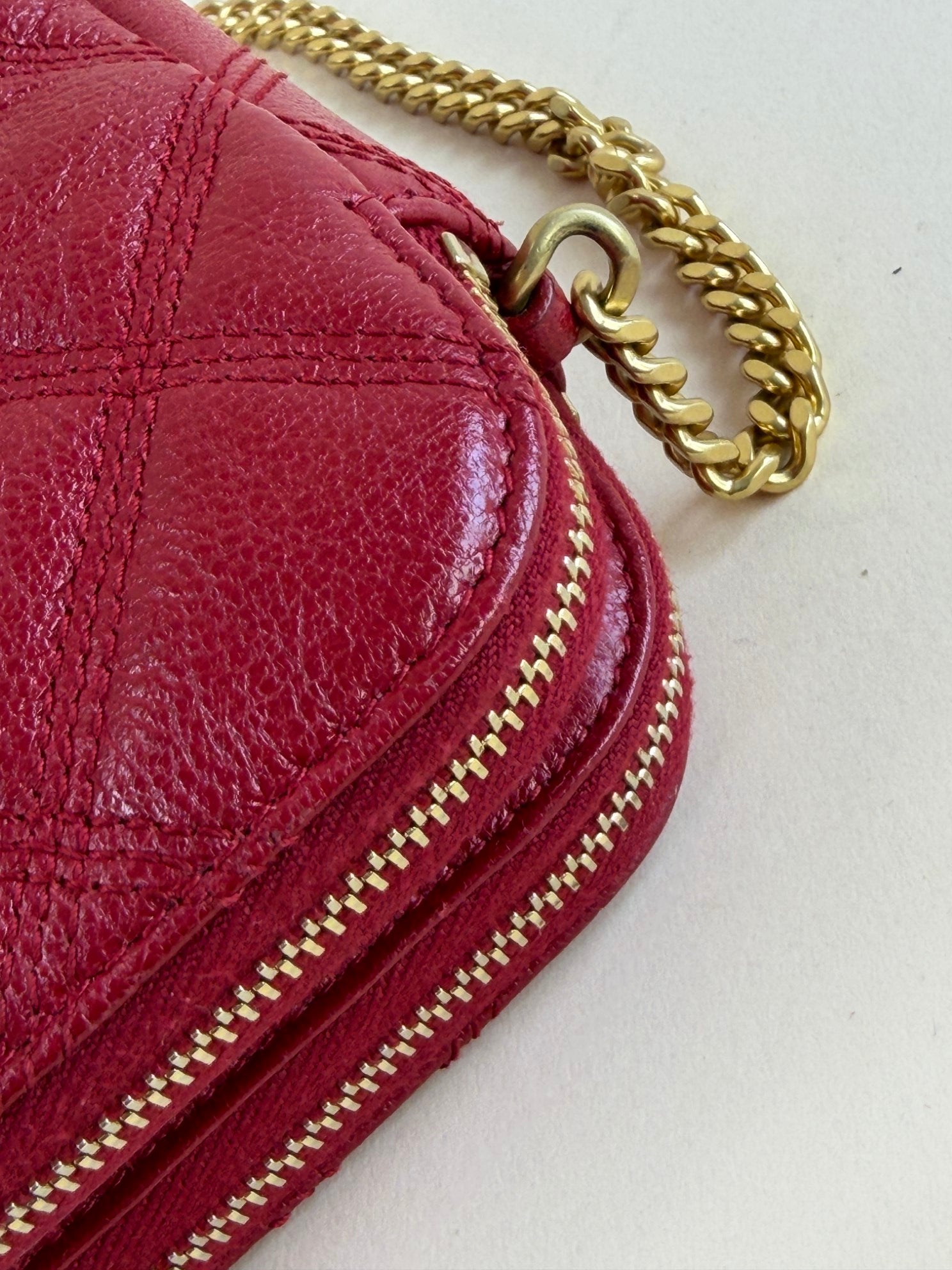 YSL Red grained lambskin quitted mini Becky double zip cross