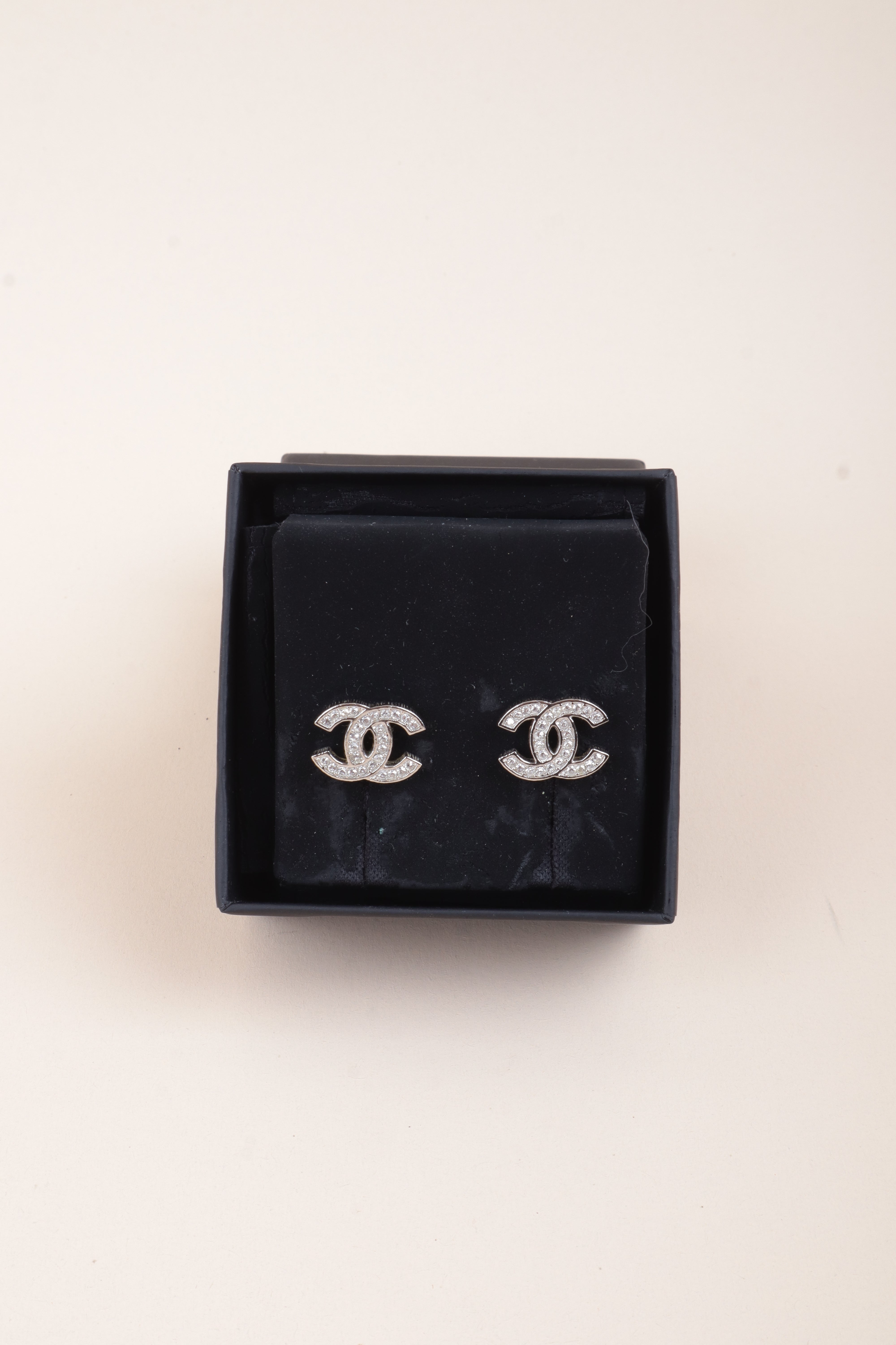 Chanel Silver CC Logo Crystal Studs Earrings