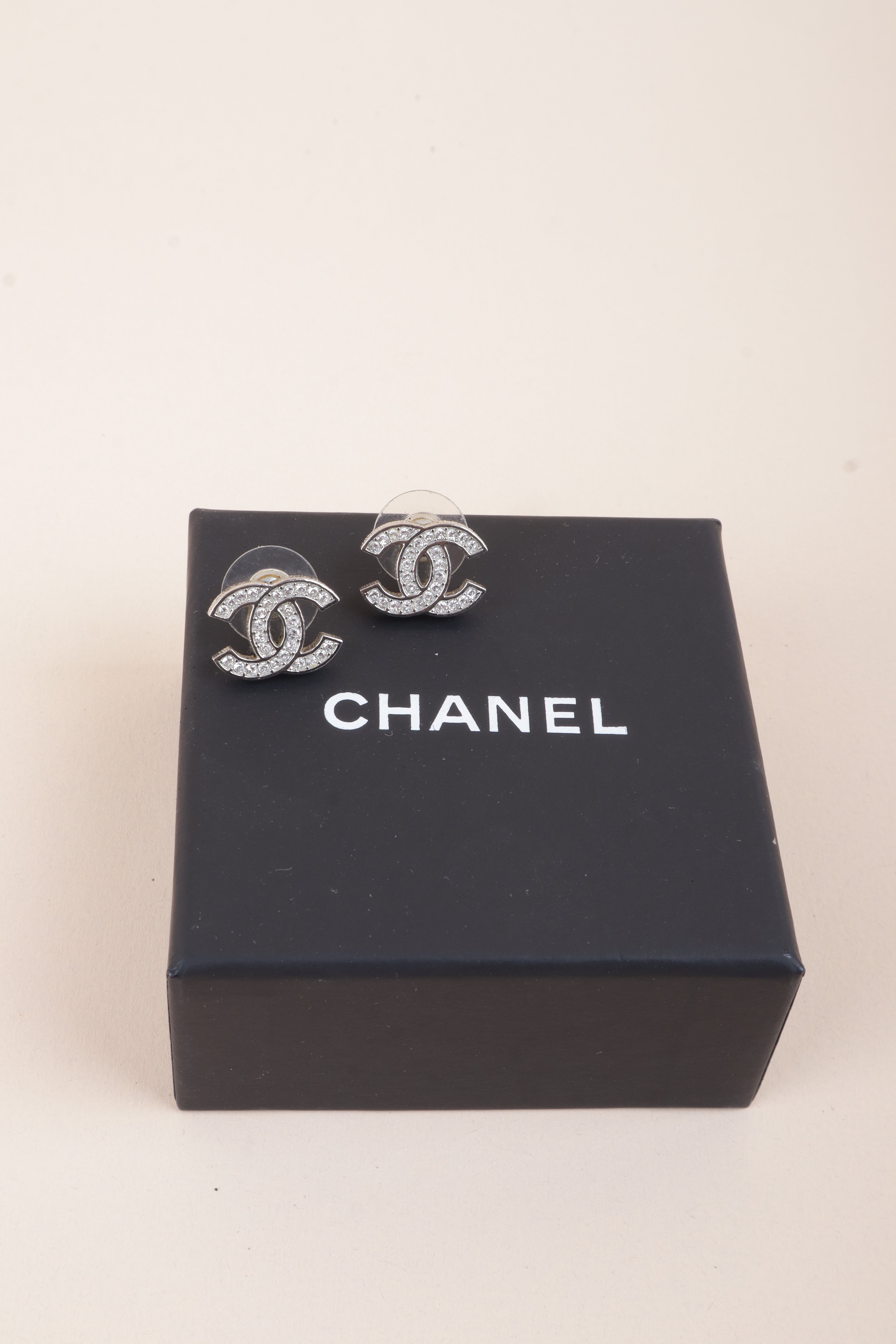 Chanel Silver CC Logo Crystal Studs Earrings