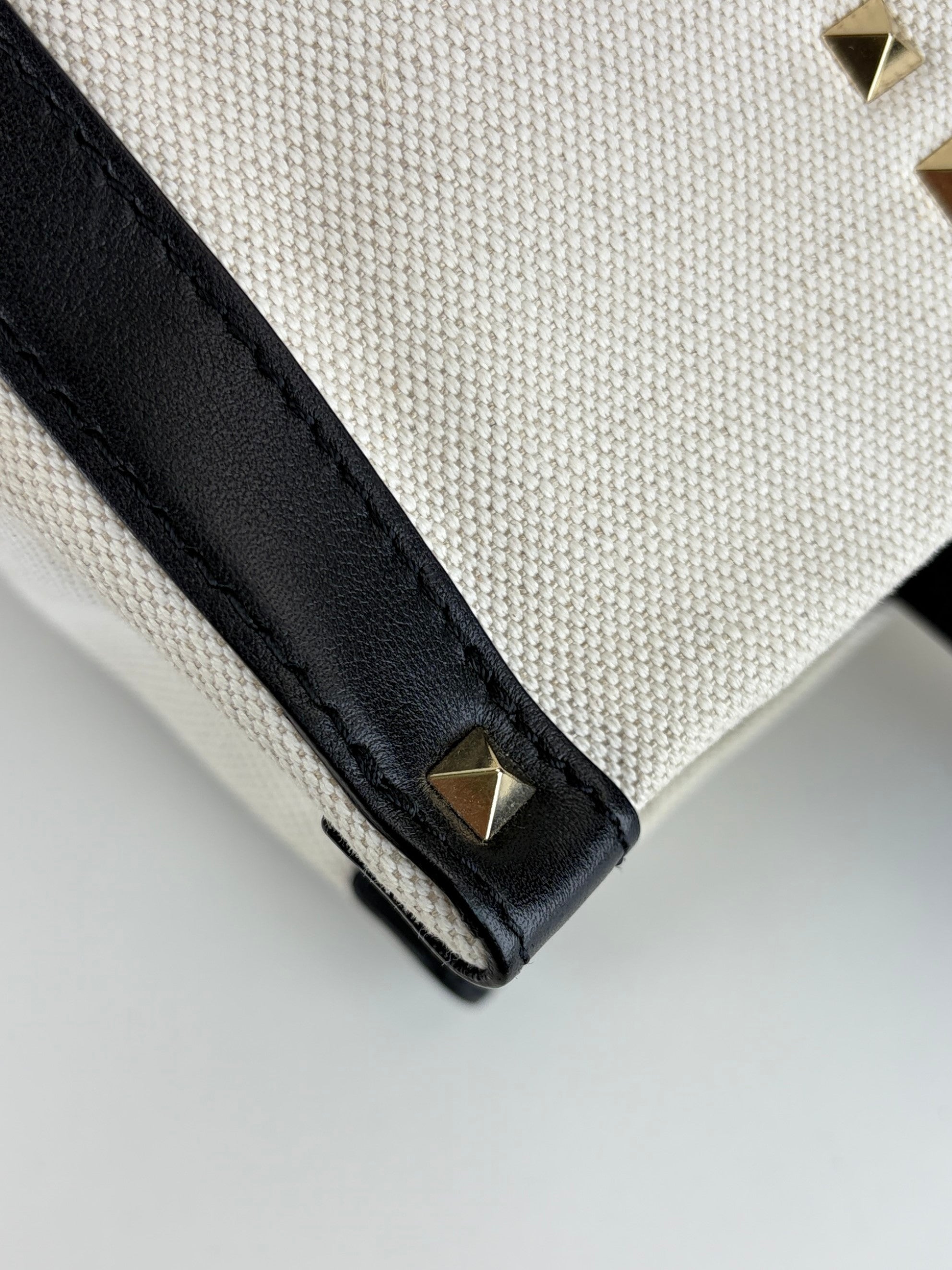 Valentino natural black canvas calfskin VLTN print small rock stud tote bag