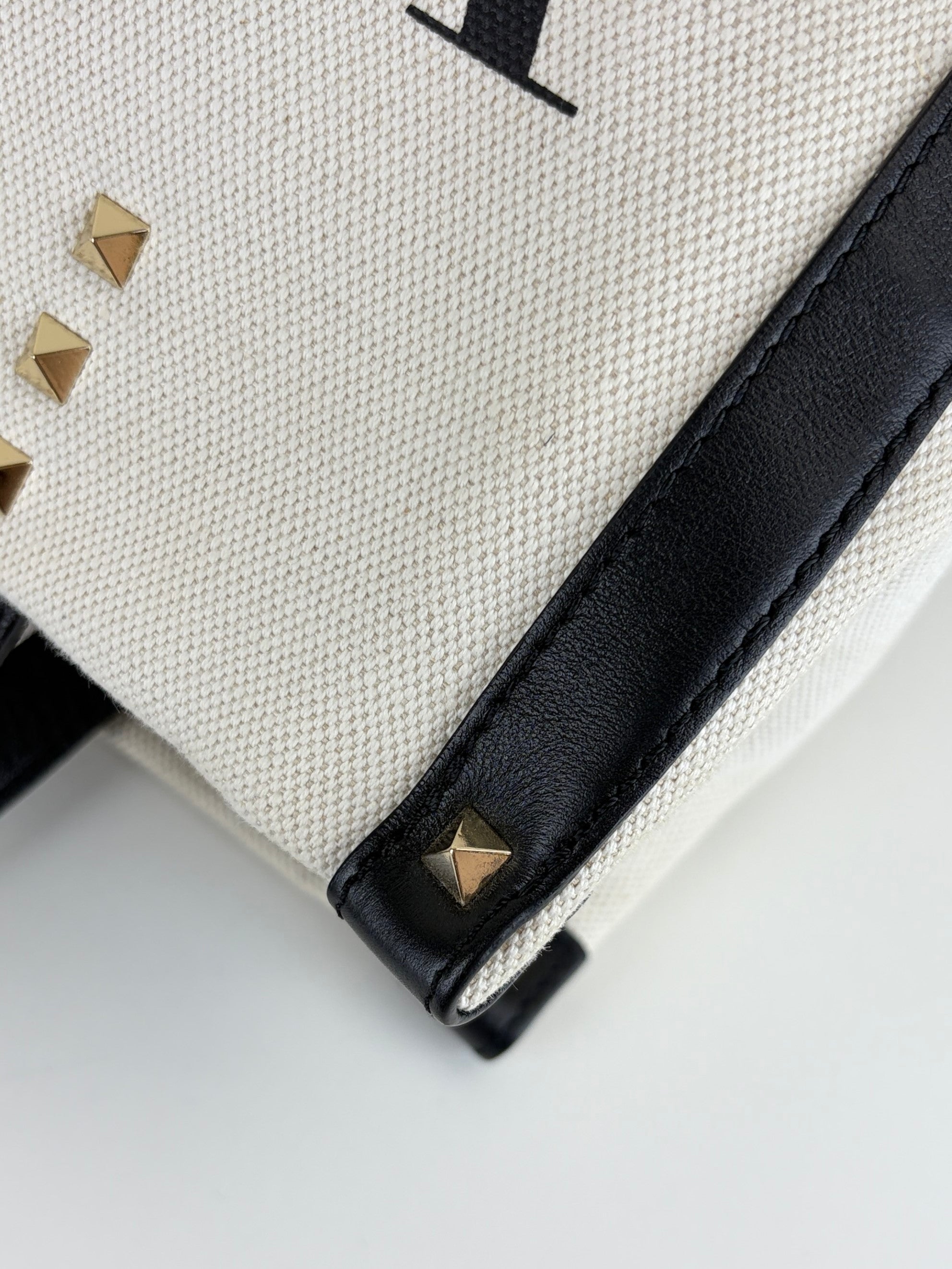 Valentino natural black canvas calfskin VLTN print small rock stud tote bag