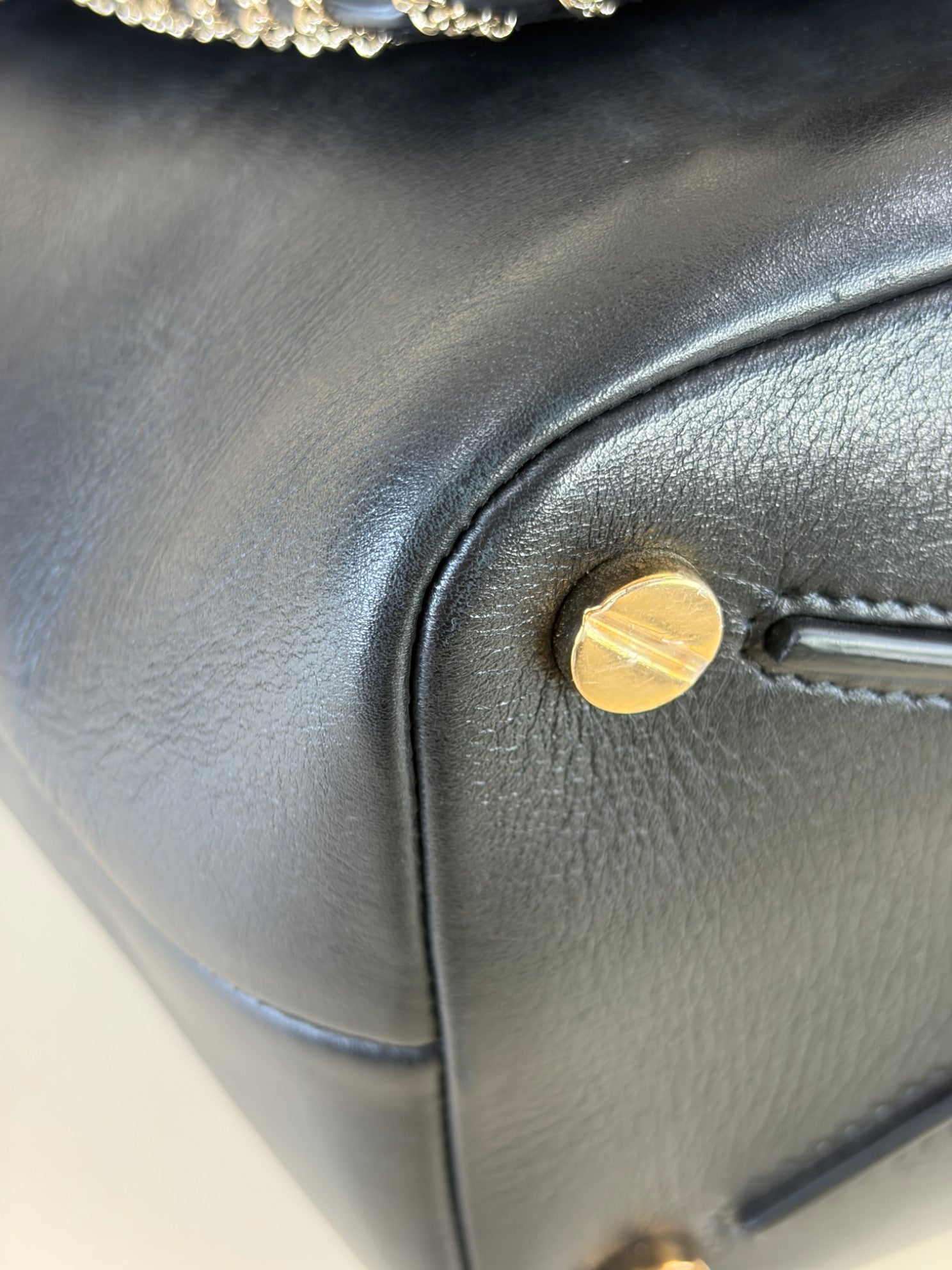 Valentin black calfskin small chain trimmed demi/une double